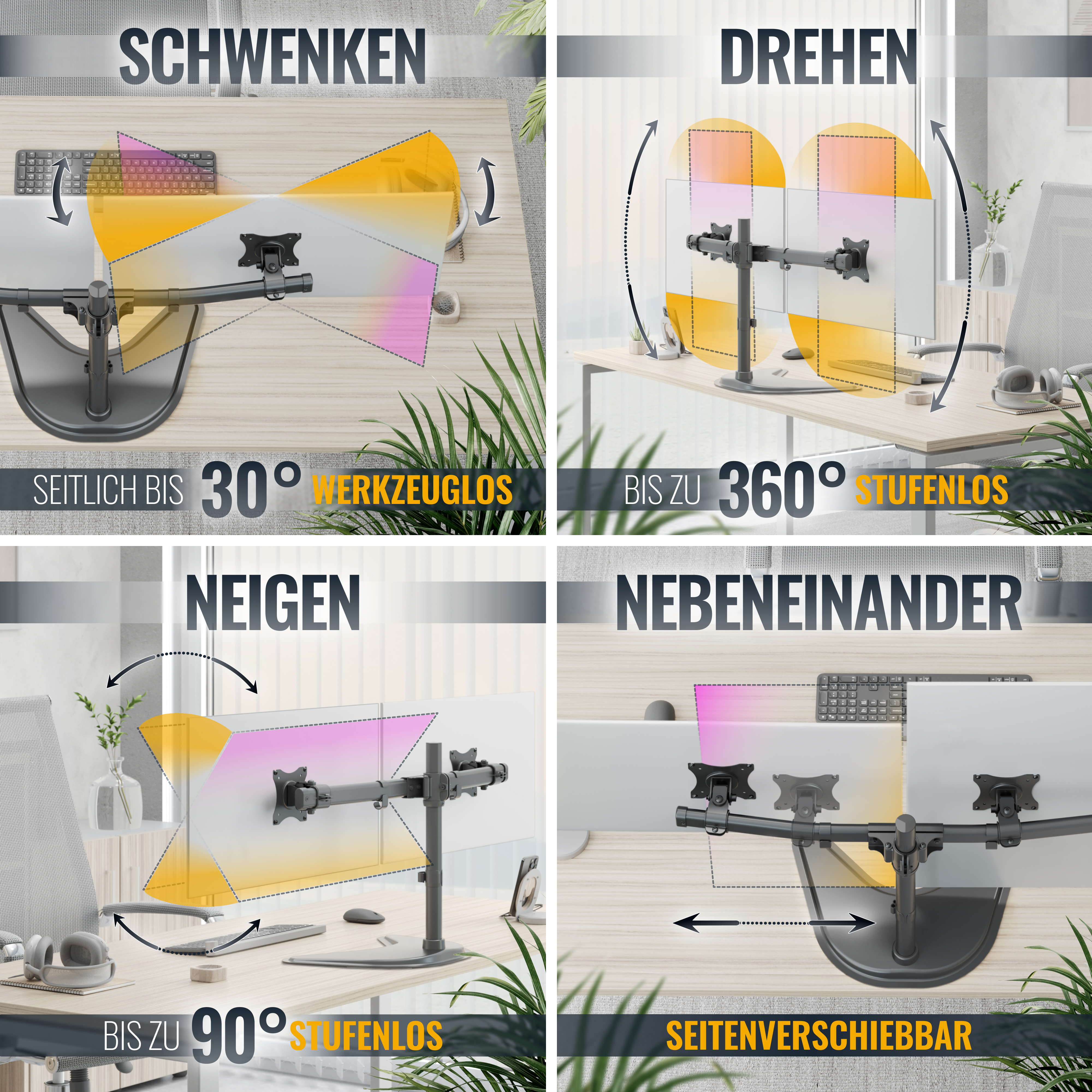 Vier Bilder, die einen Monitorarm mit Neige-, Schwenk- und Drehfunktion zeigen.