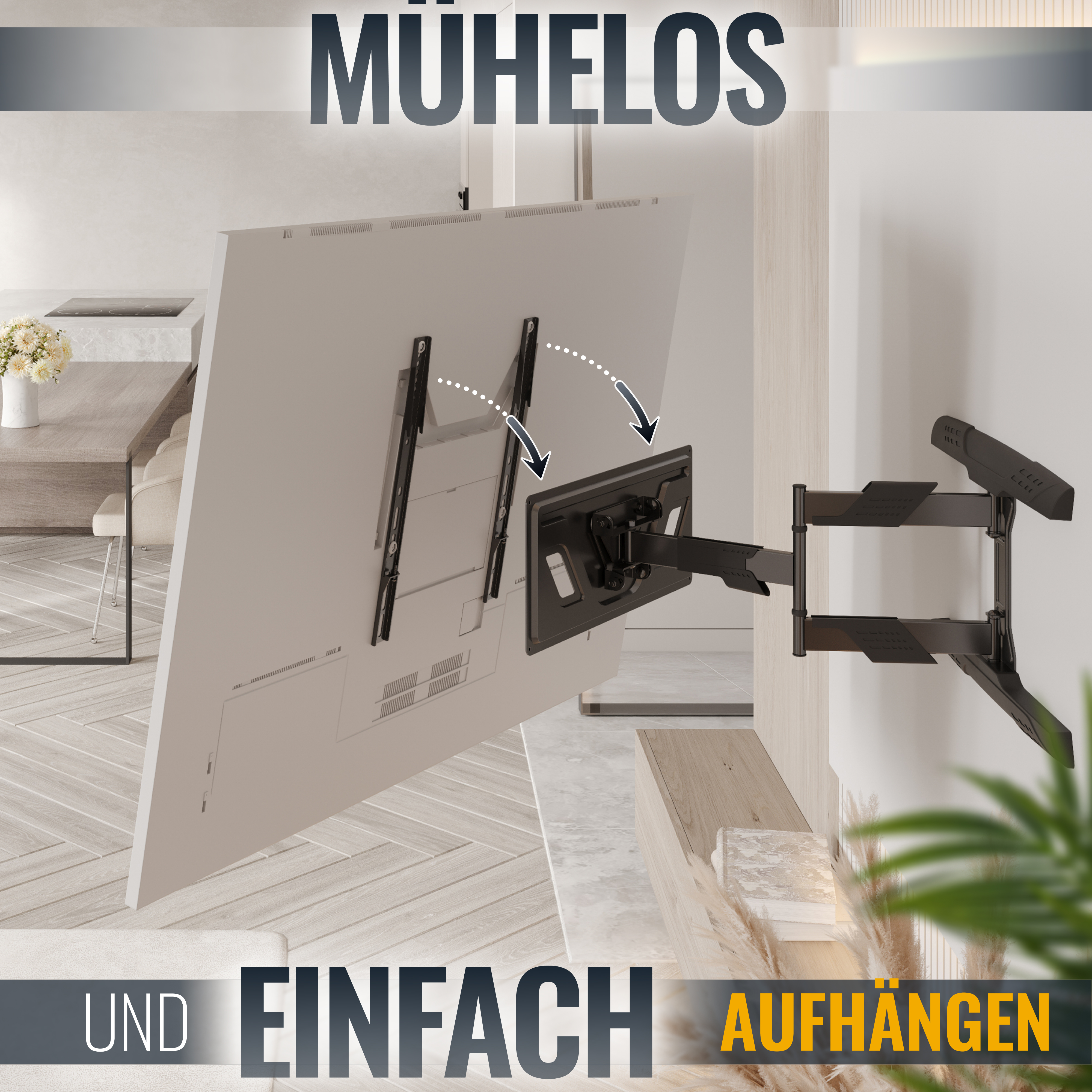 Ein Fernseher ist an einer Wandhalterung montiert. Die Halterung ist schwarz und die Wand ist weiß. Der Text lautet: 'EINFACH'.