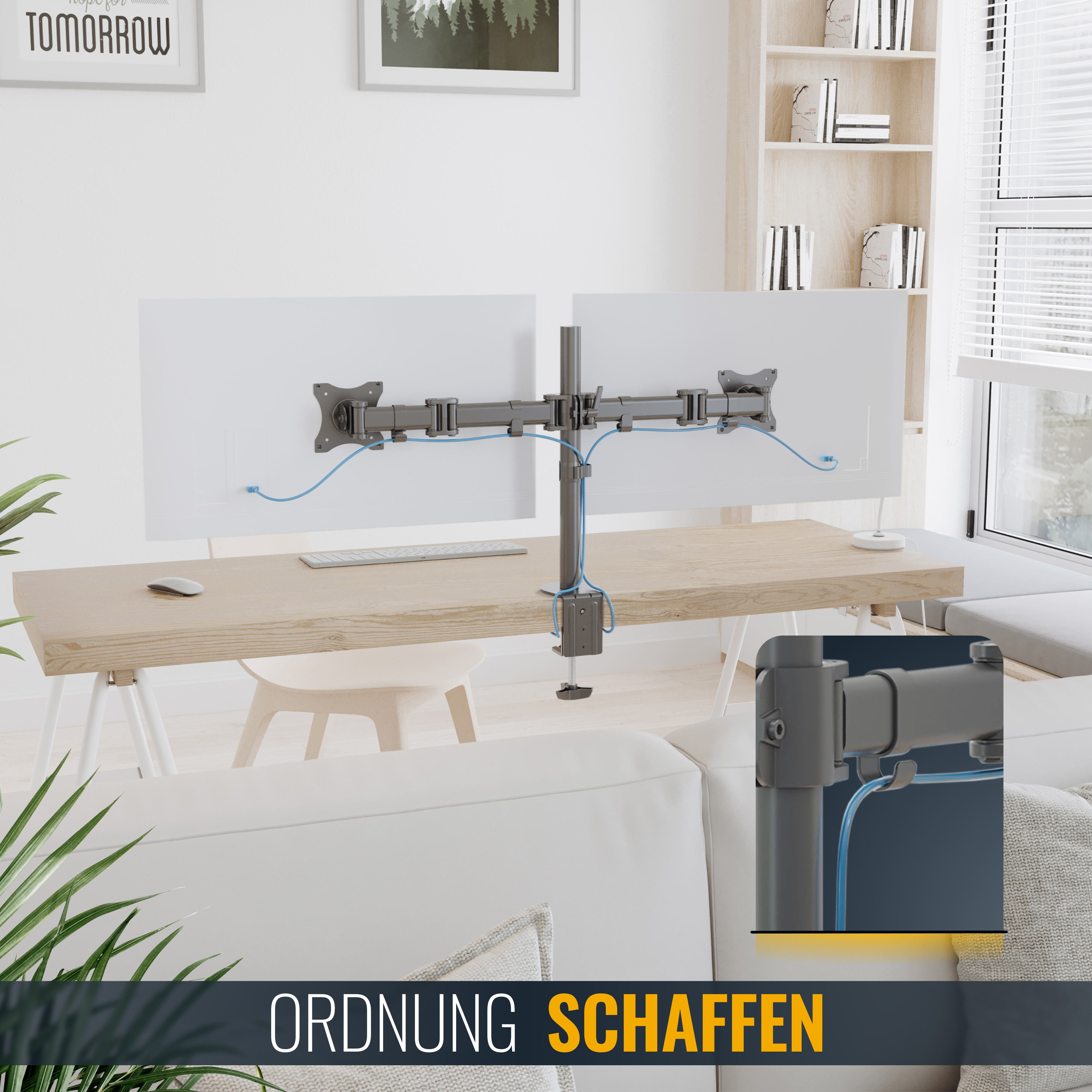 Zwei Computermonitore, die mit einem Montagesystem auf einem Schreibtisch montiert sind.