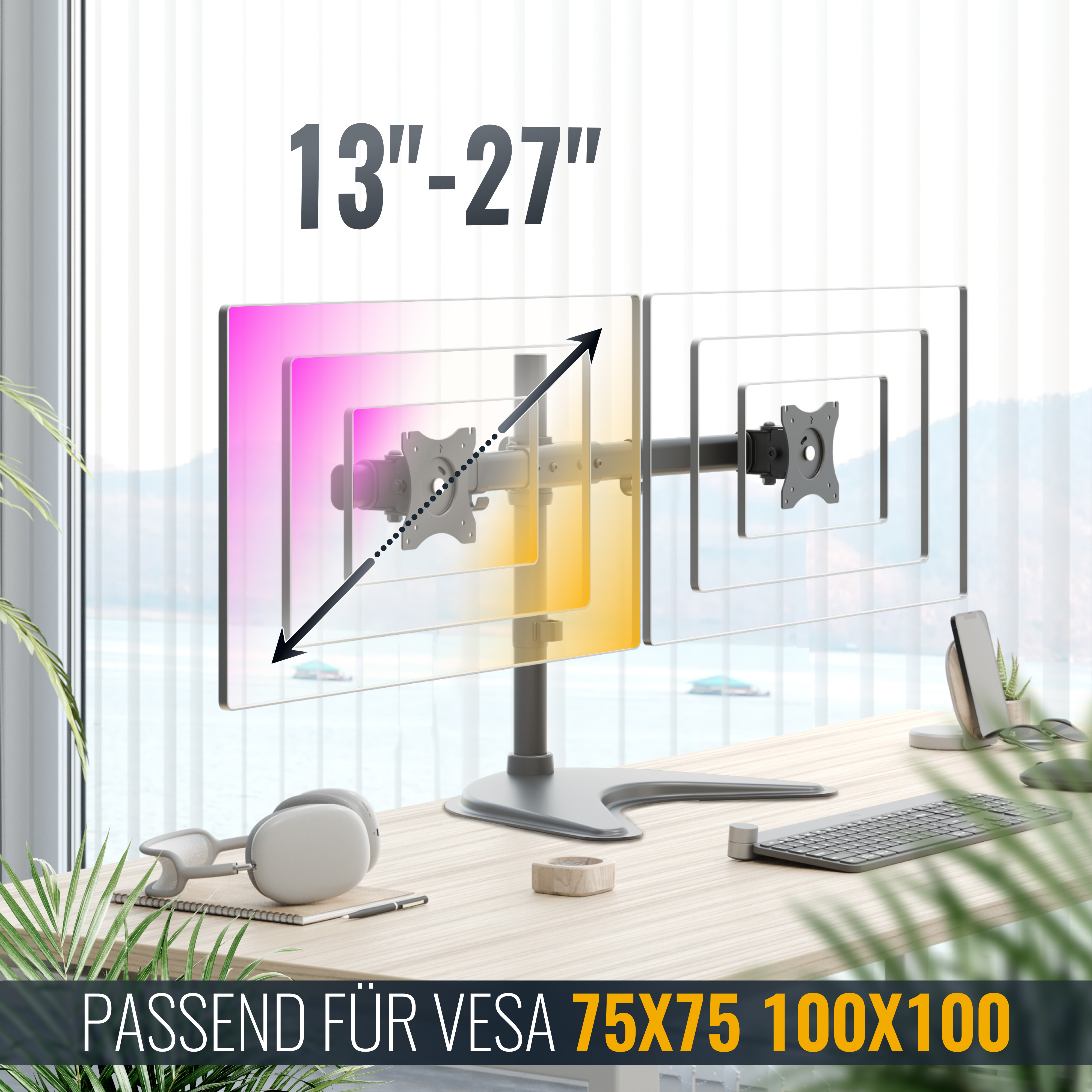 Zwei Computermonitore auf einem Ständer. Der Text auf dem Bild lautet: 13-27 und Passend für VESA.