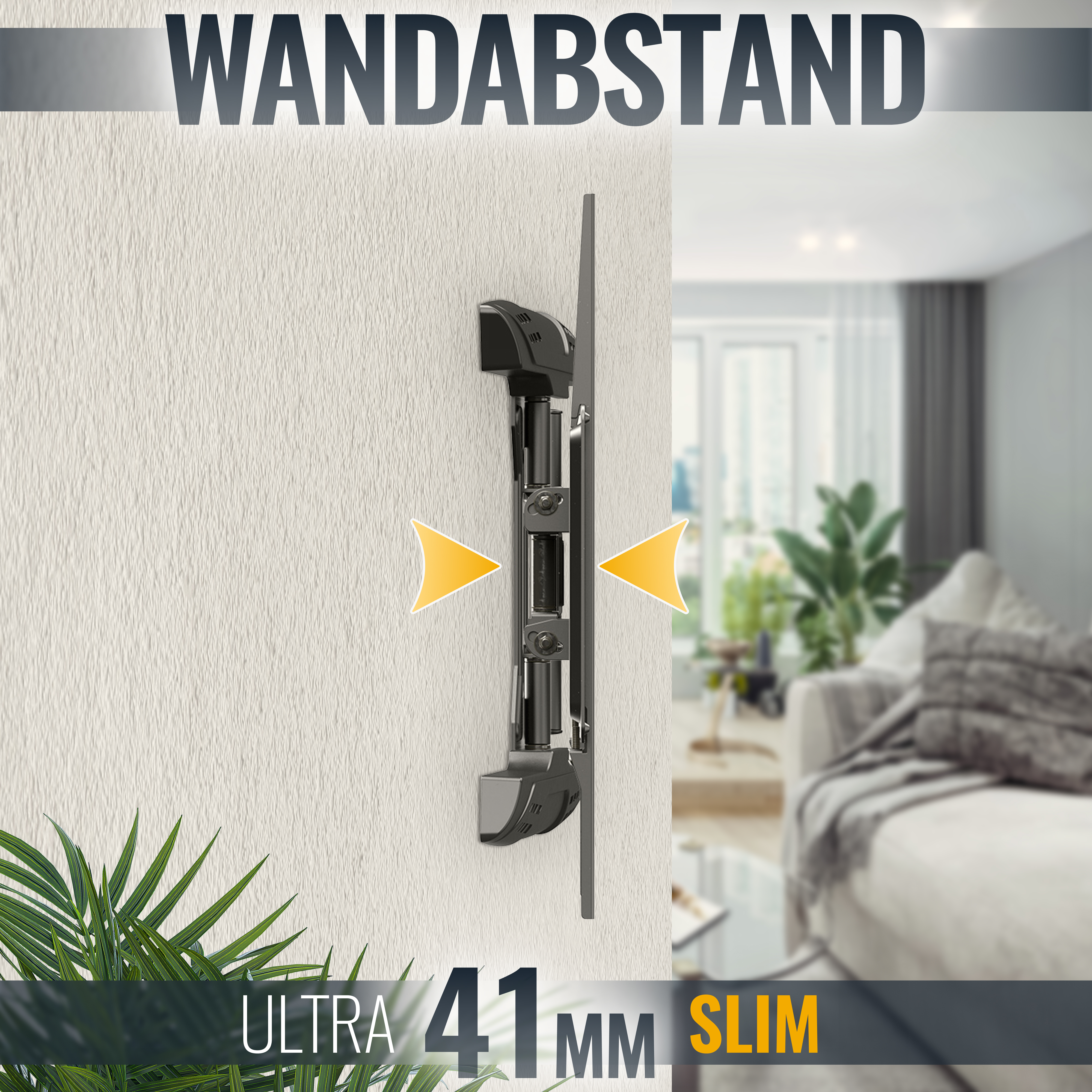 Wandhalterung für einen Fernseher, mit einer Wand und einem Sofa im Hintergrund. Text sagt 'Wandabstand'.