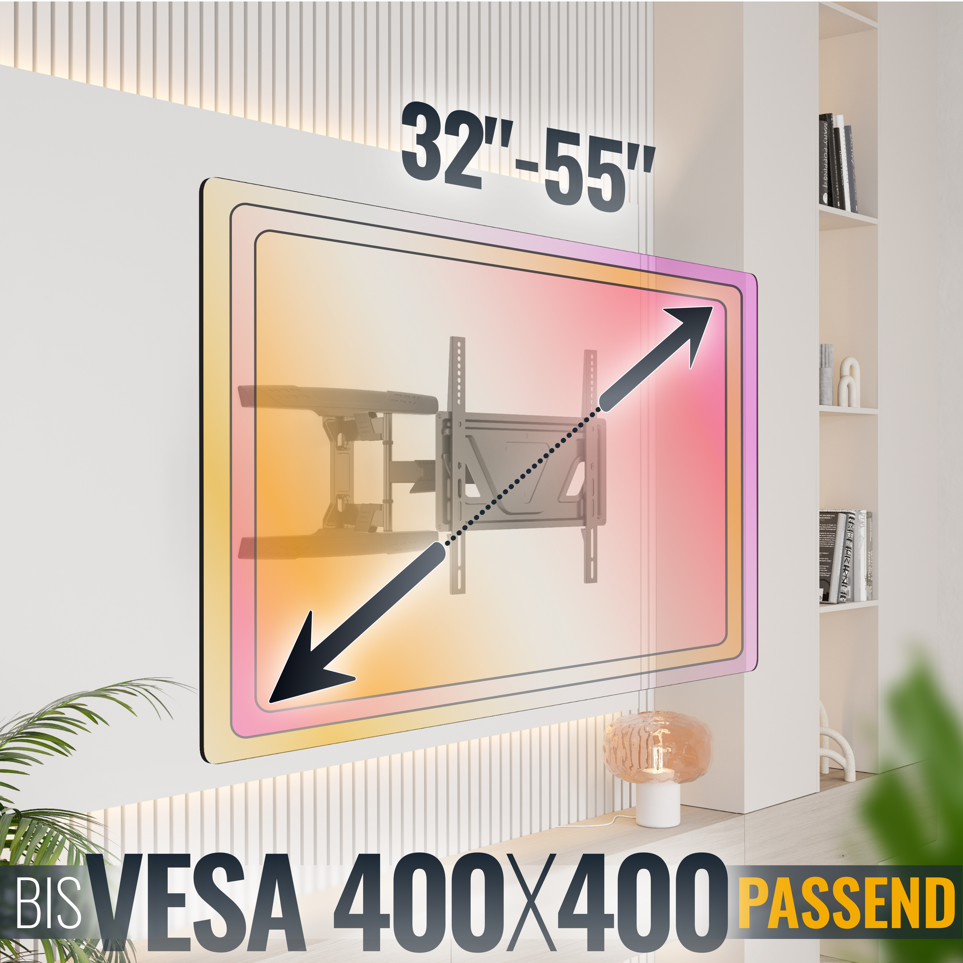 TV an der Wand, mit VESA-Halterung montiert, mit Größenangaben.