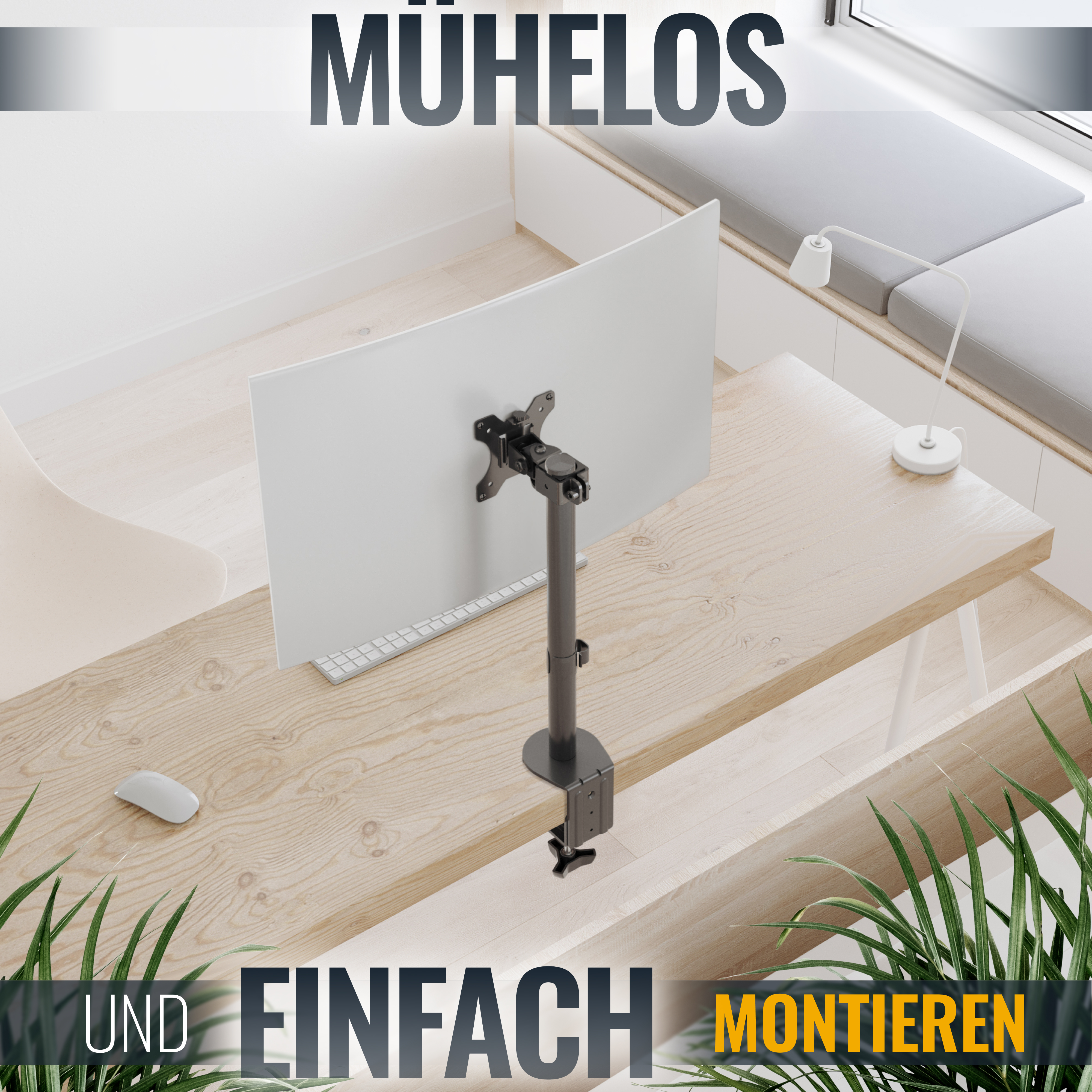 Monitor auf schwarzem Ständer auf einem Holztisch. Die Wörter MÜHELOS und EINFACH sind vorhanden.