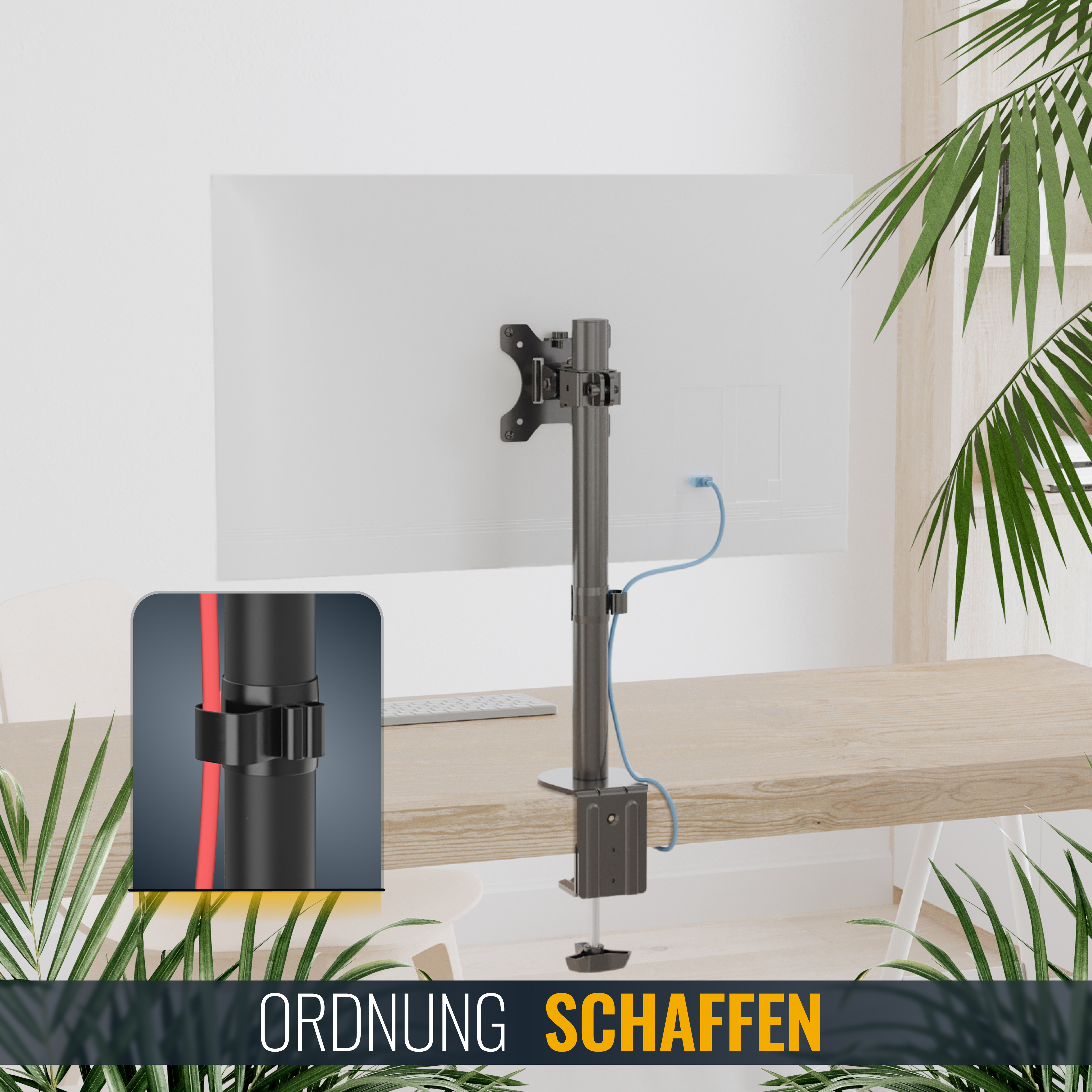 Ein Monitor ist mit einer Halterung auf einem Schreibtisch montiert. Palmen befinden sich im Vorder- und Hintergrund.