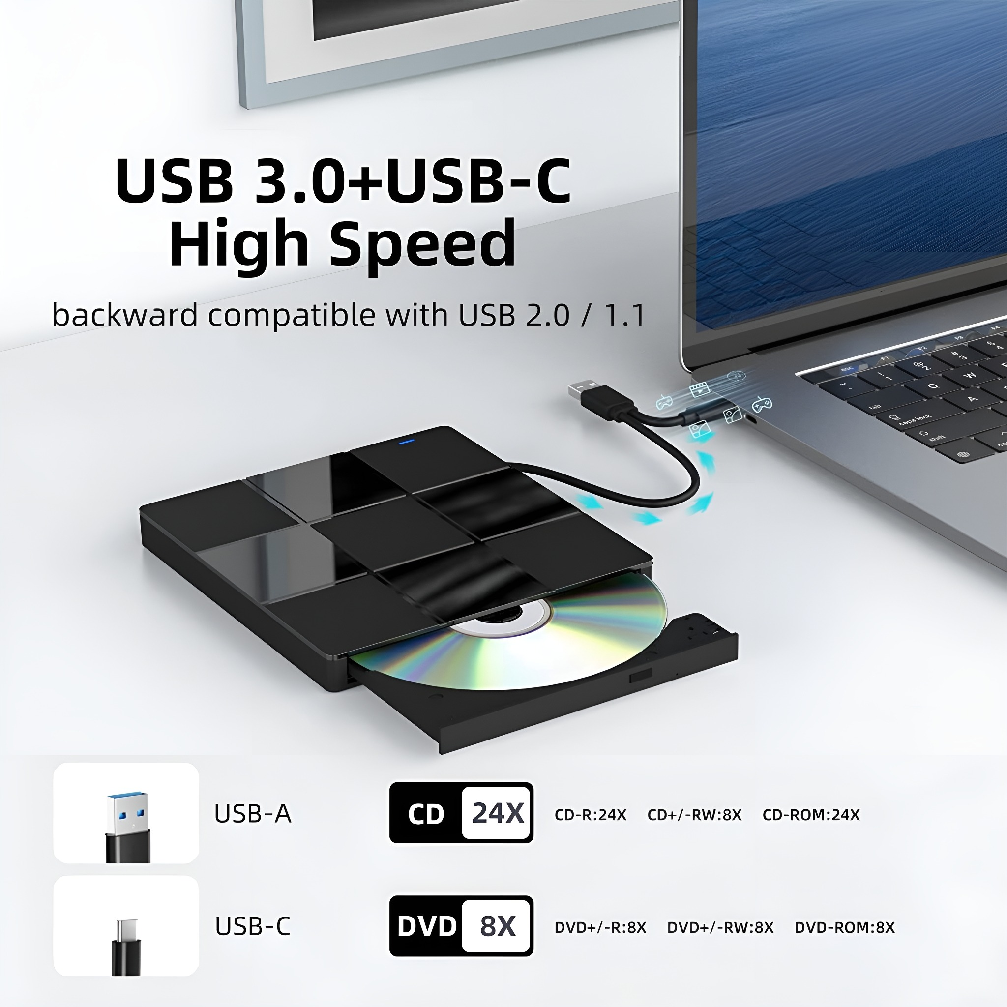 USB 3.0+USB-C Highspeed-Gerät mit CD und DVD. USB-A- und USB-C-Anschlüsse werden gezeigt.