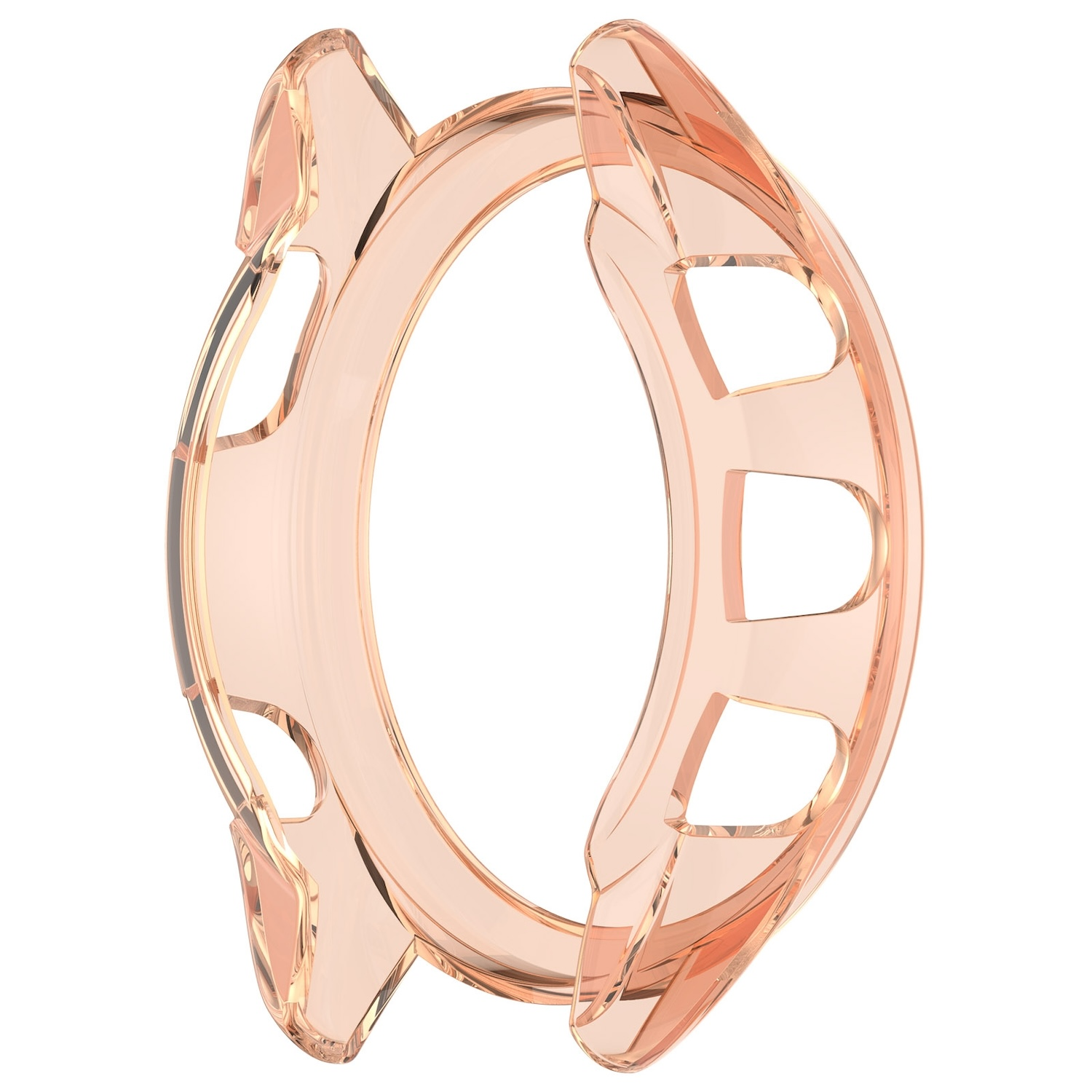 Ein roségoldfarbenes, transparentes Smartwatch-Gehäuse mit Aussparungen.