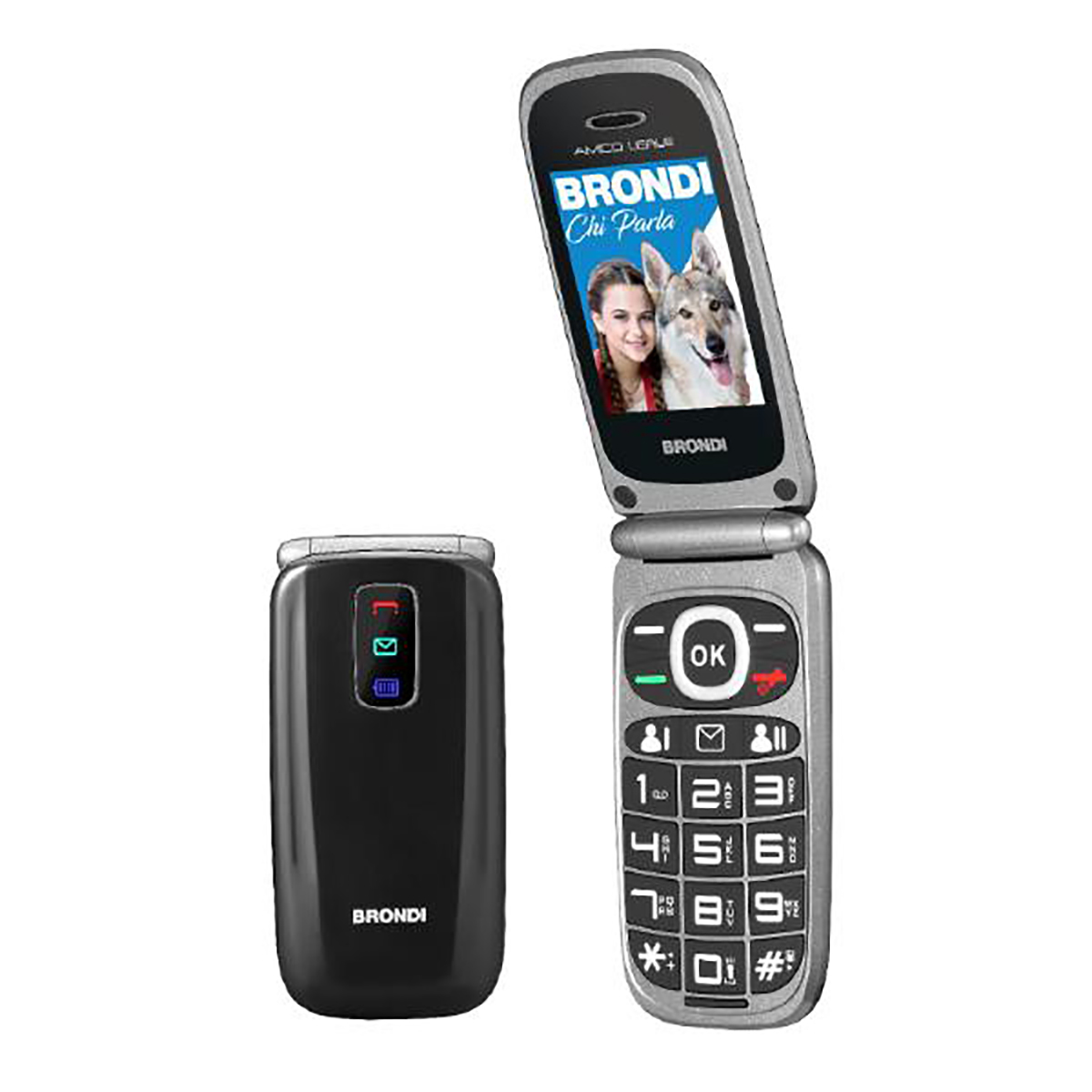 Un telefono a conchiglia argento e nero, aperto per mostrare una foto e i tasti. Telefono più piccolo a sinistra.