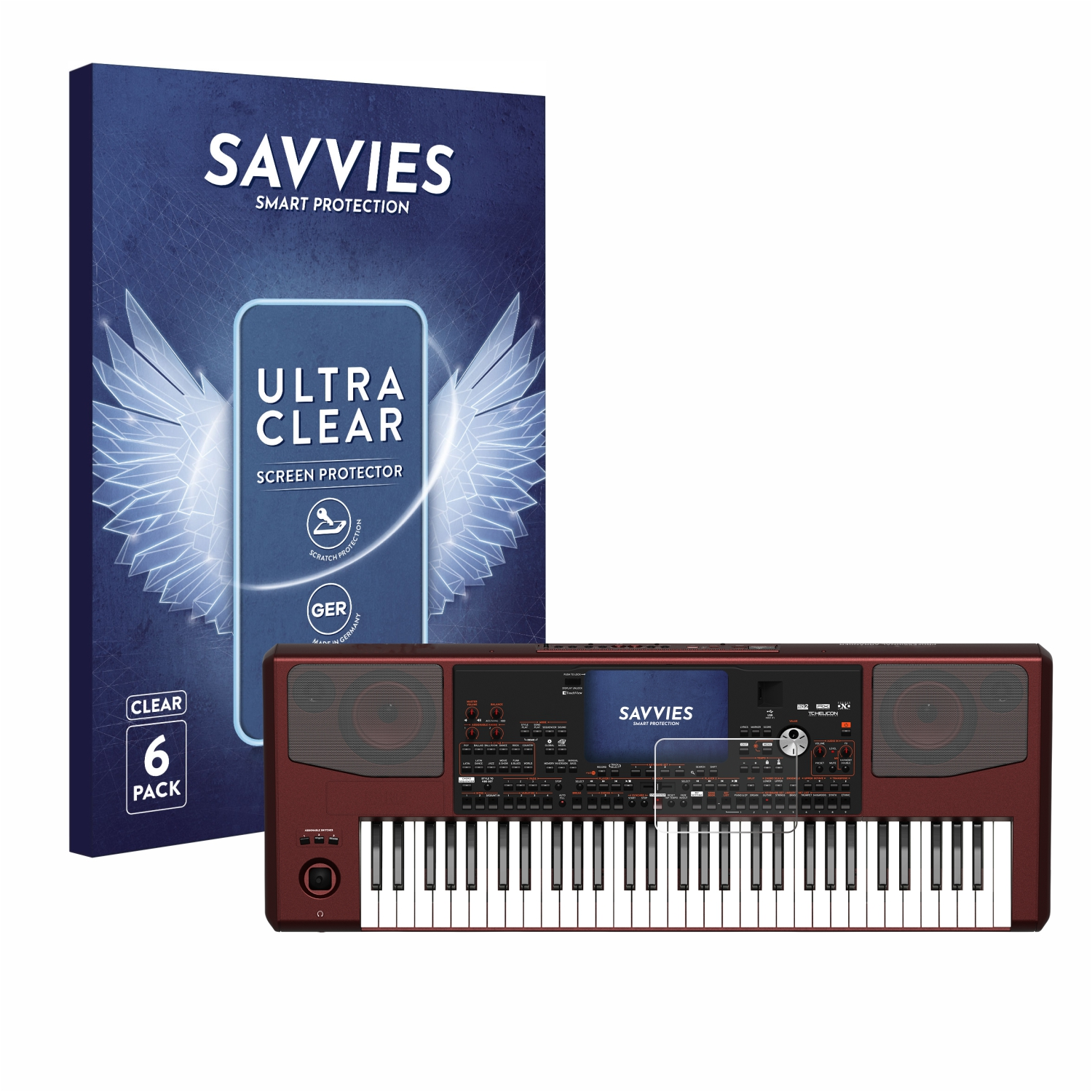 Keyboard mit Displayschutz und Box. Keyboard ist rot, mit schwarzen und weißen Tasten.