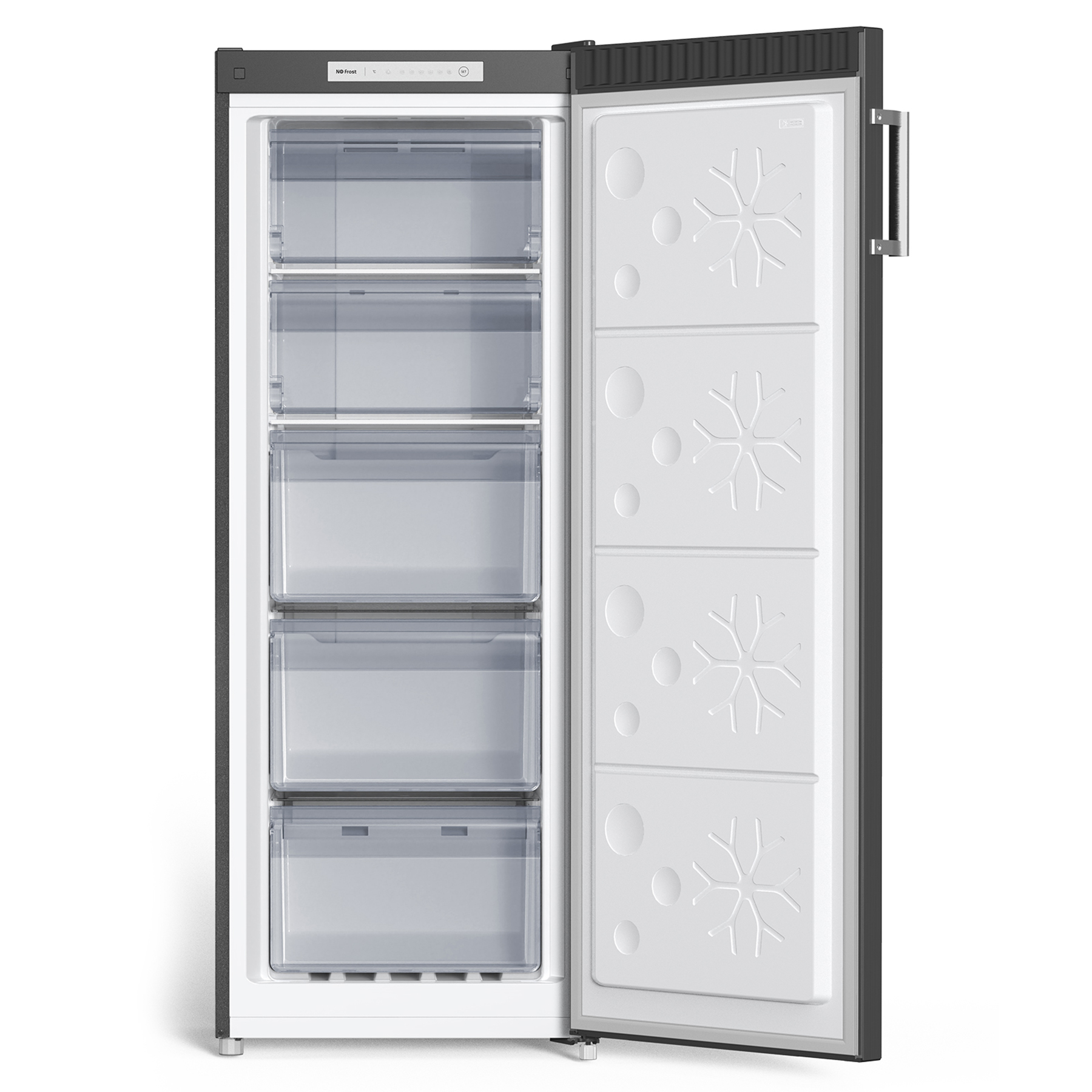 Congelador negro con puerta abierta, mostrando el interior con cajones.