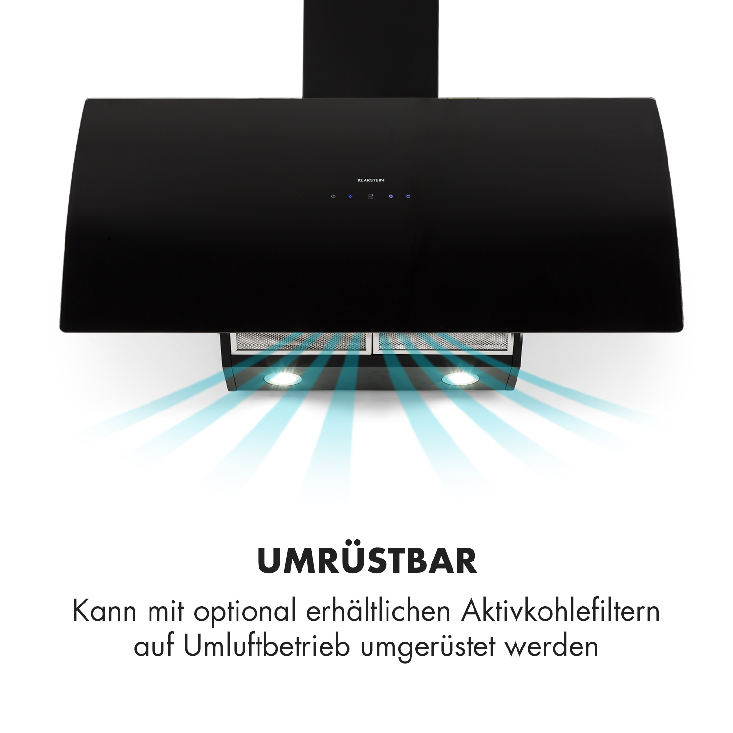 Schwarze Küchenhaube mit blauen Lichtern, wirbt für optionale Aktivkohlefilter.