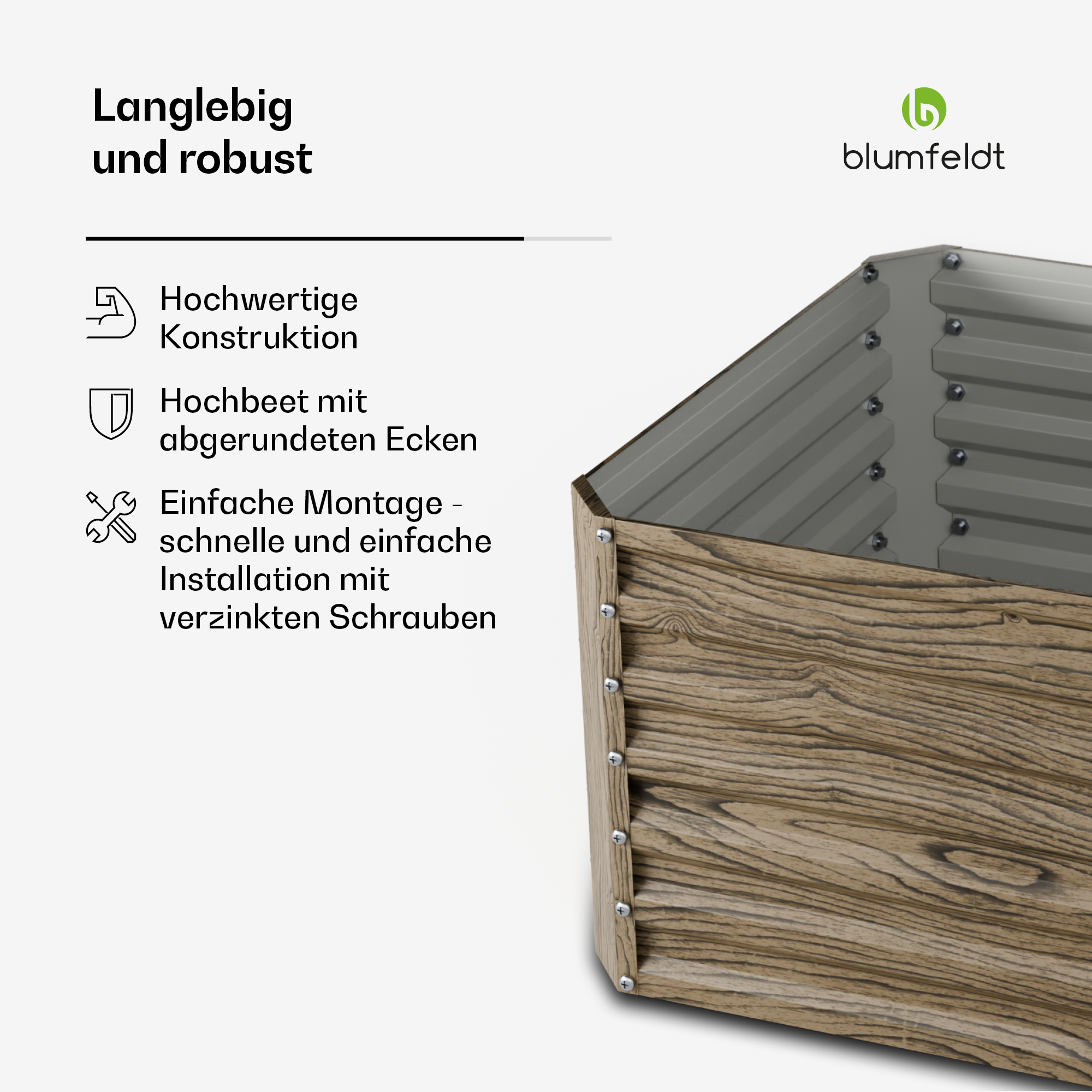 Una cama de jardín elevada hecha de material similar a la madera con esquinas redondeadas y tornillos.