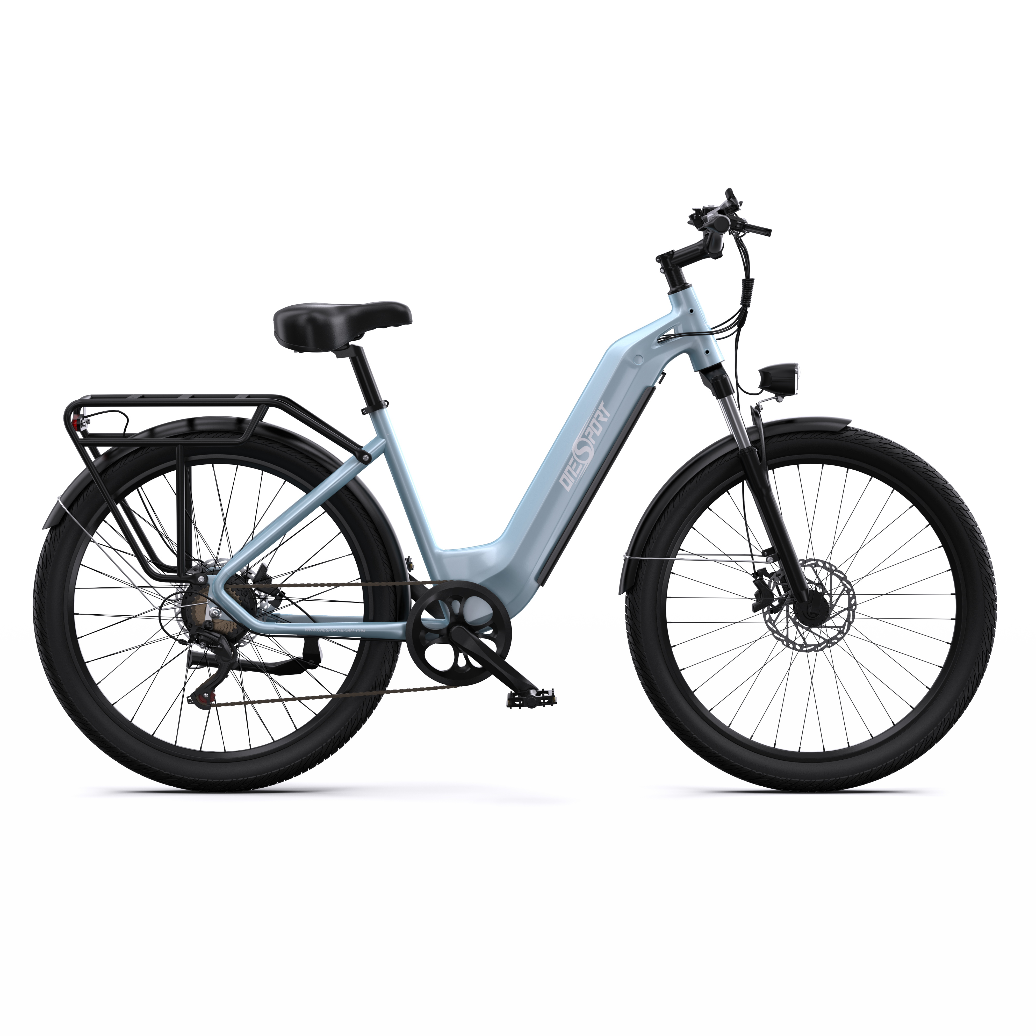 Bicicletta elettrica blu, vista laterale. Pneumatici e sella neri, telaio nero e carrozzeria blu.