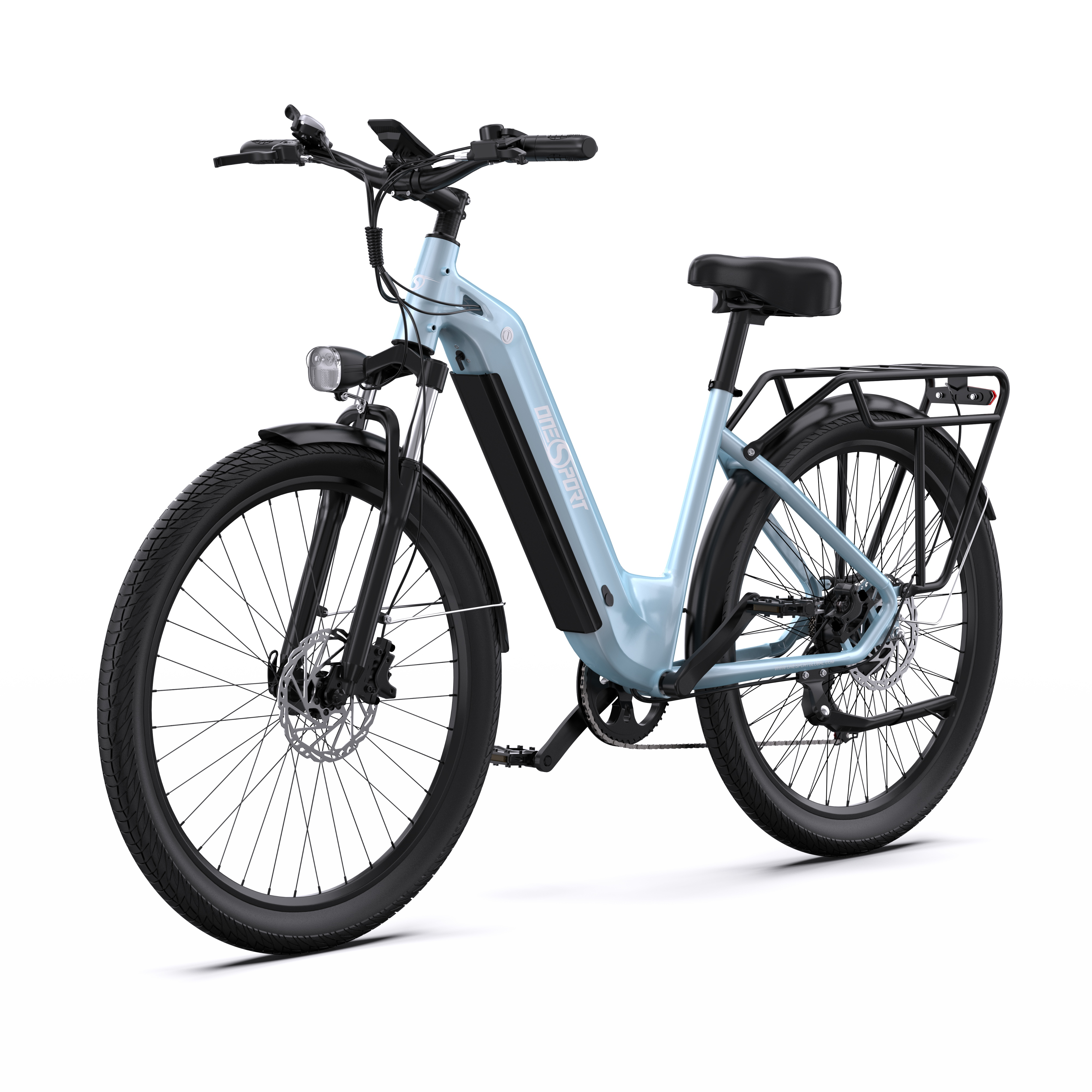 Bicicletta elettrica azzurra. Pneumatici e componenti neri, telaio colorato chiaro. Sfondo bianco.