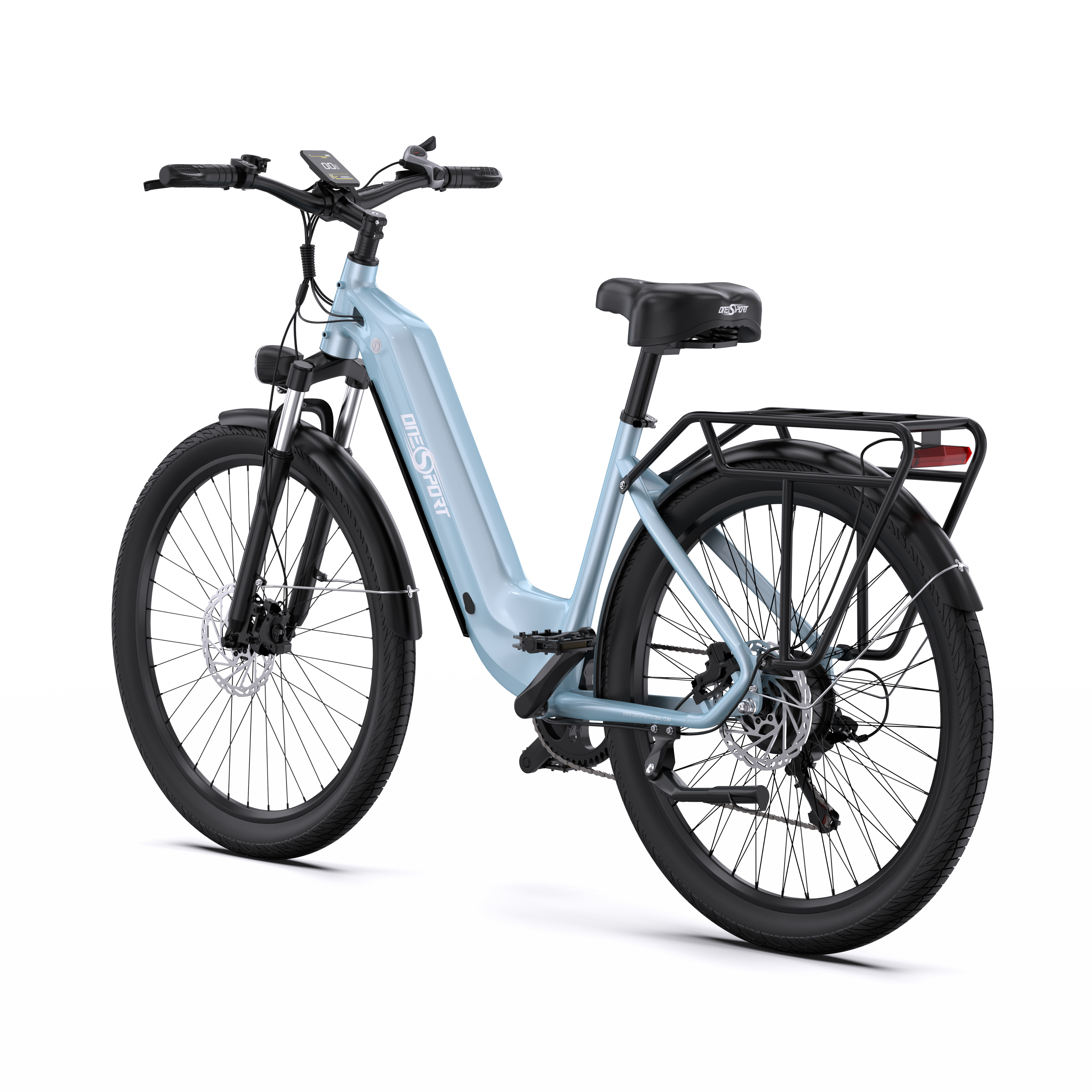 Hellblaues E-Bike auf weißem Hintergrund. Es hat schwarze Reifen und einen Gepäckträger.