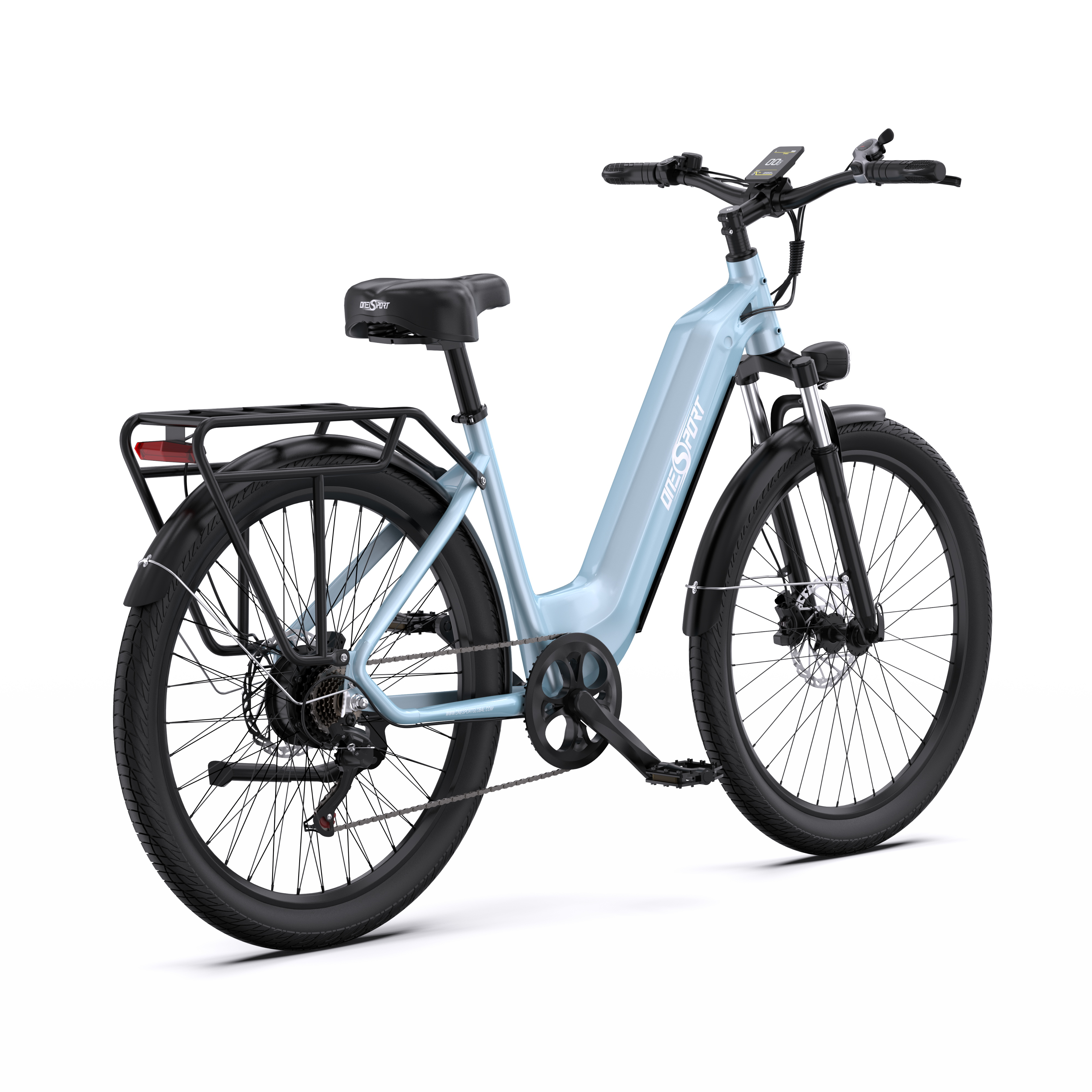 Bicicletta elettrica azzurra su sfondo bianco. Ha portapacchi e pneumatici neri.