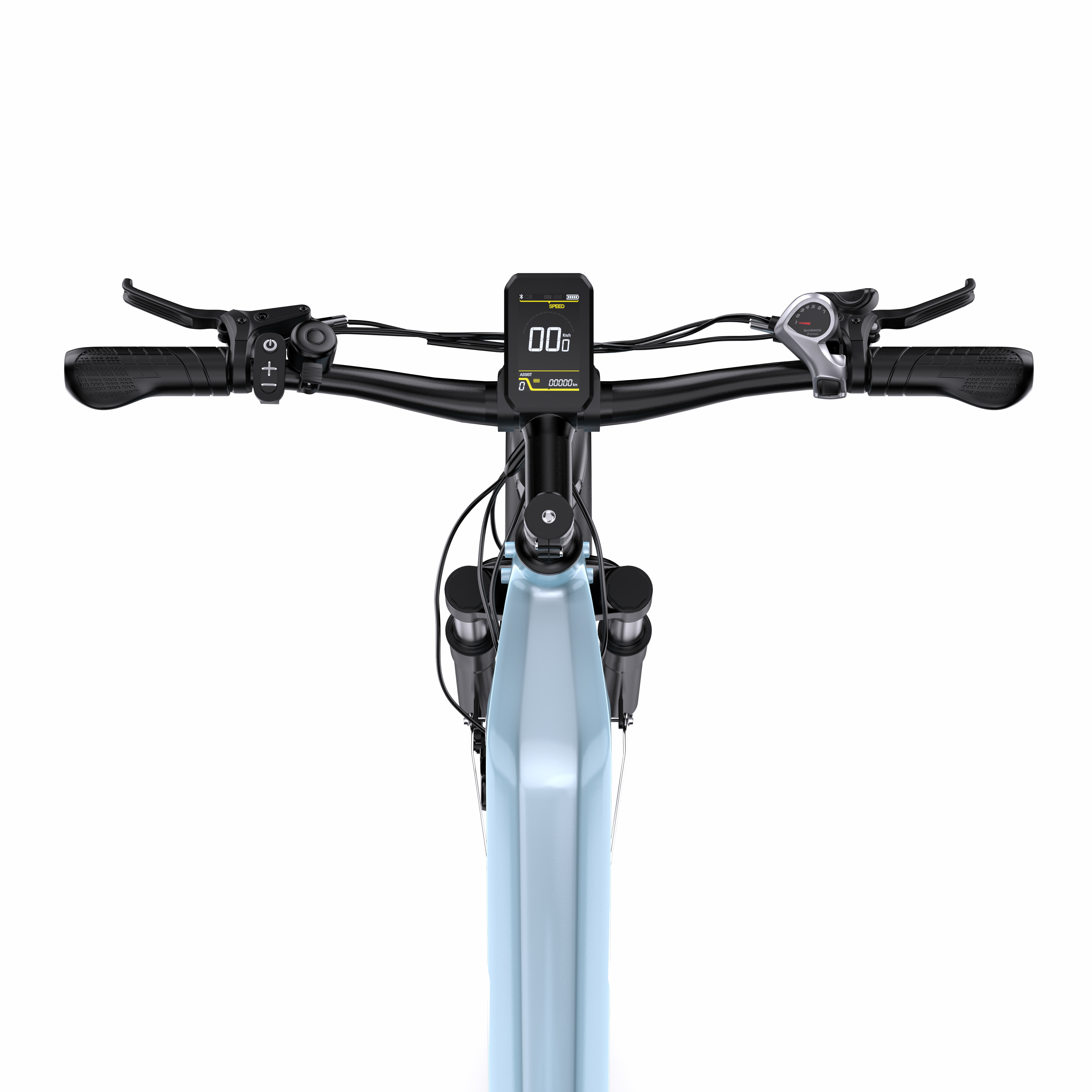 Draufsicht auf einen hellblauen Fahrradlenker mit Bedienelementen und Digitalanzeige auf weißem Grund.