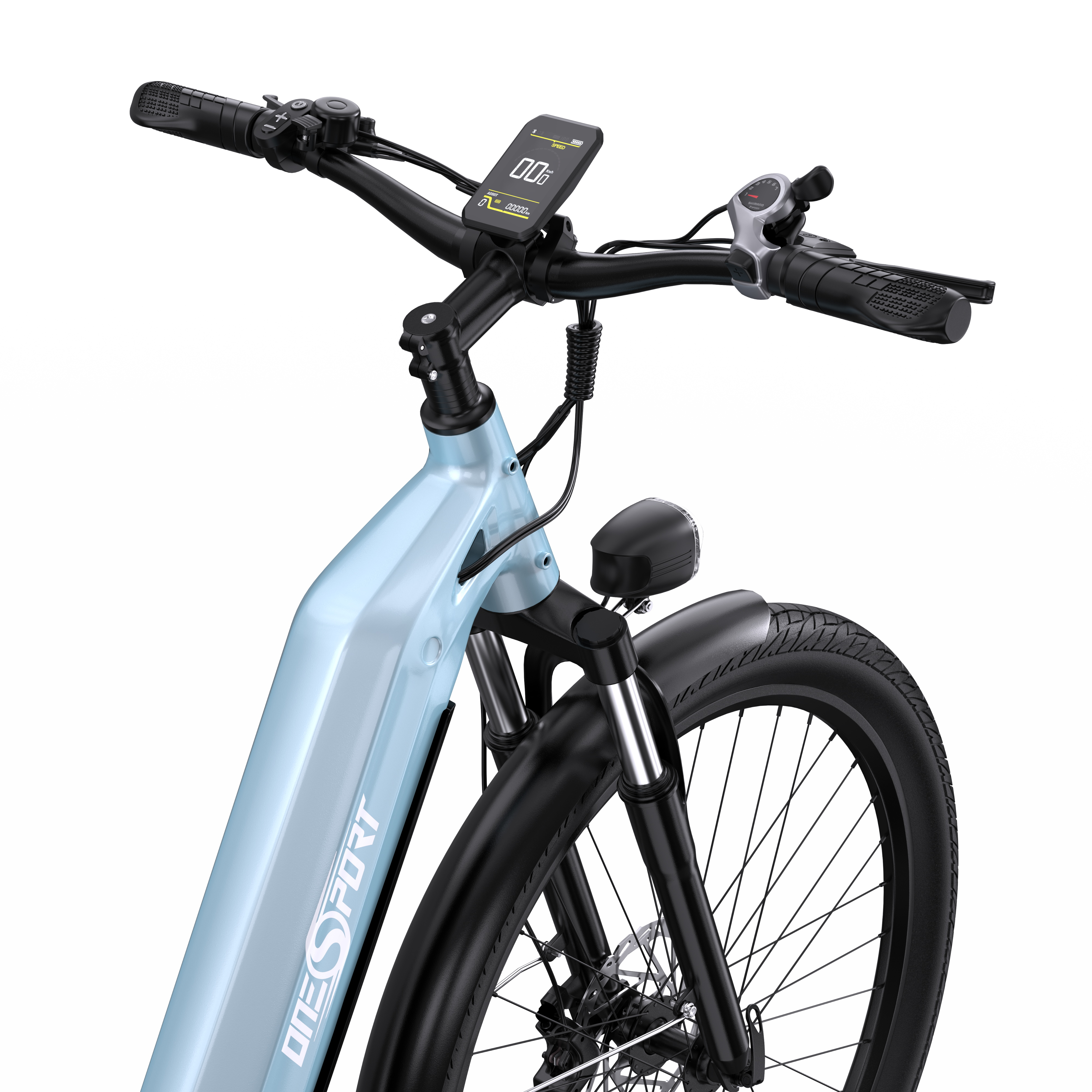 Bicicletta elettrica azzurra. Mostra manubrio, display e ruota anteriore.