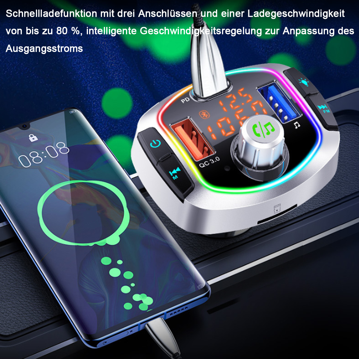 Ein silbernes Ladegerät mit einem Telefon und einem Ladekabel. Es hat einen Bildschirm mit Informationen.