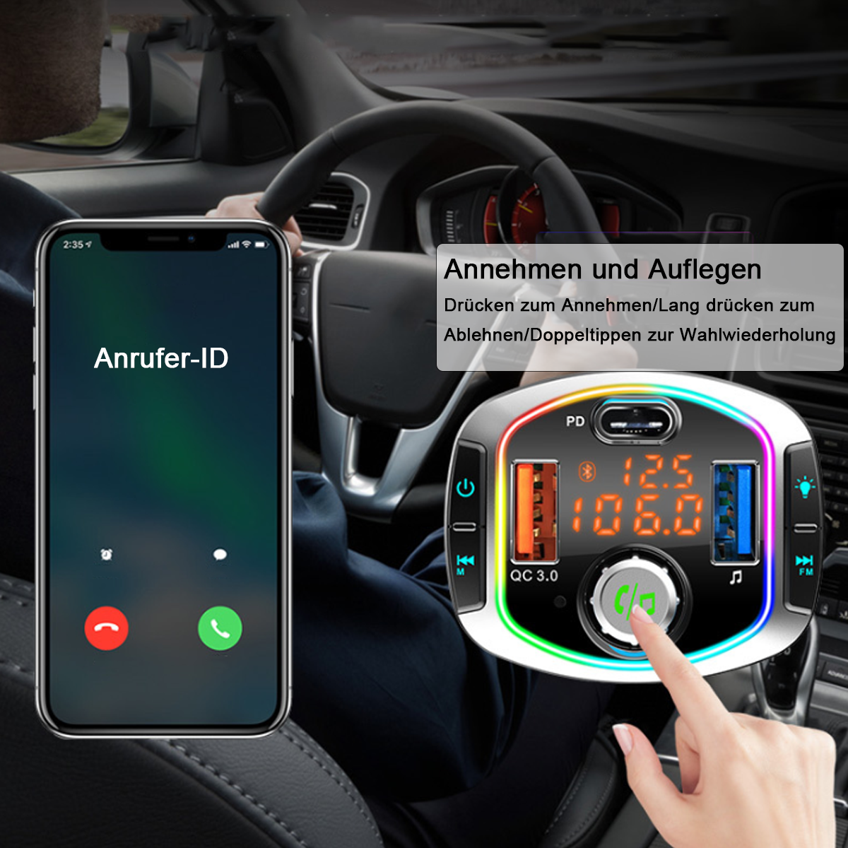 Auto mit Telefon, das Anrufer-ID zeigt, und Ladegerät, Hand drückt eine Taste.