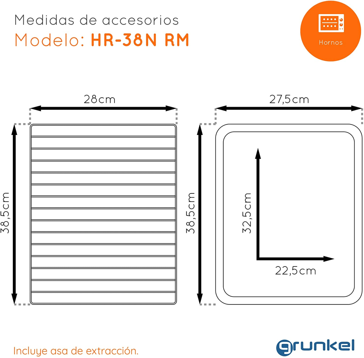 Diagrama que muestra las medidas de un accesorio de horno.