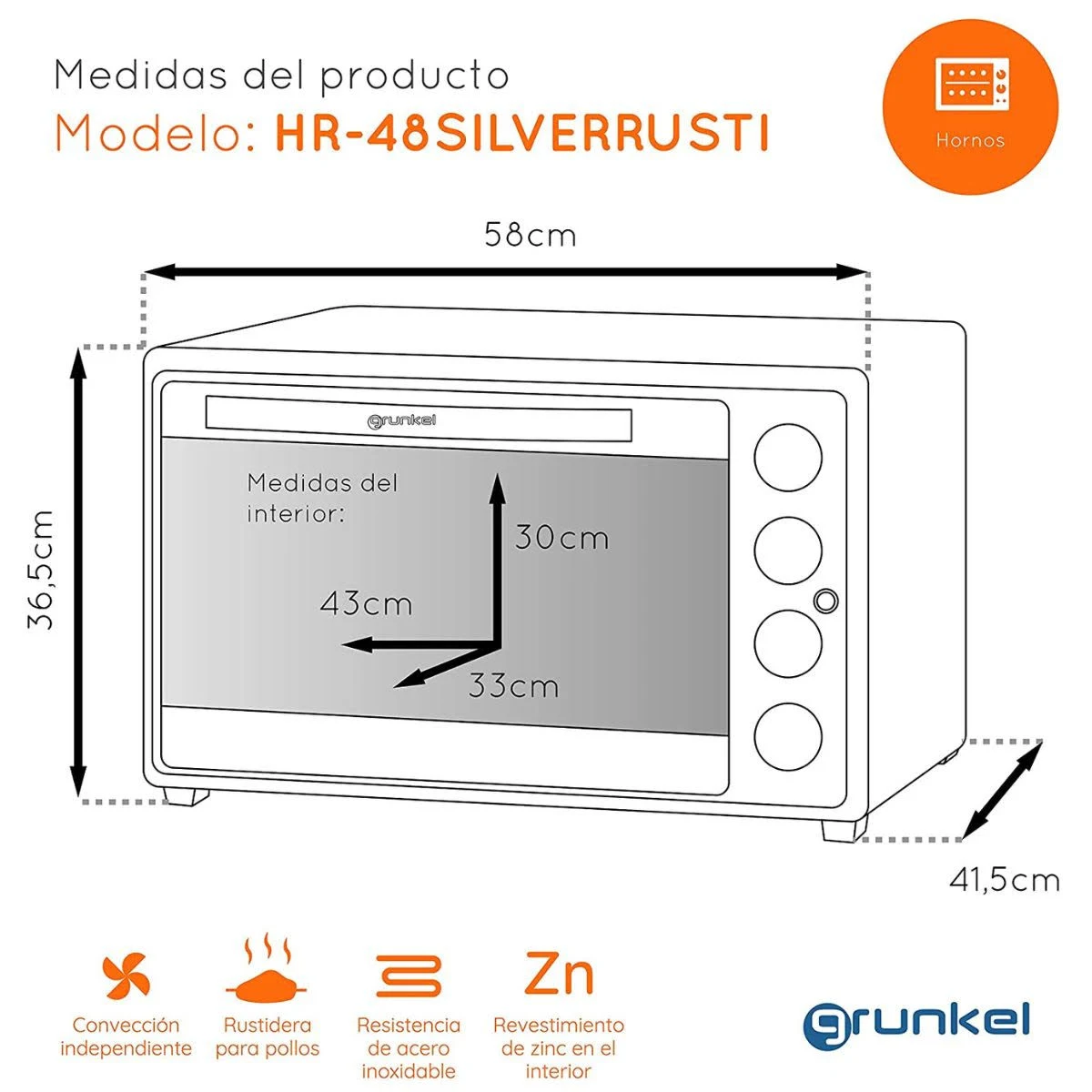 Horno blanco y plateado con dimensiones etiquetadas. Texto en español con detalles y tamaño.