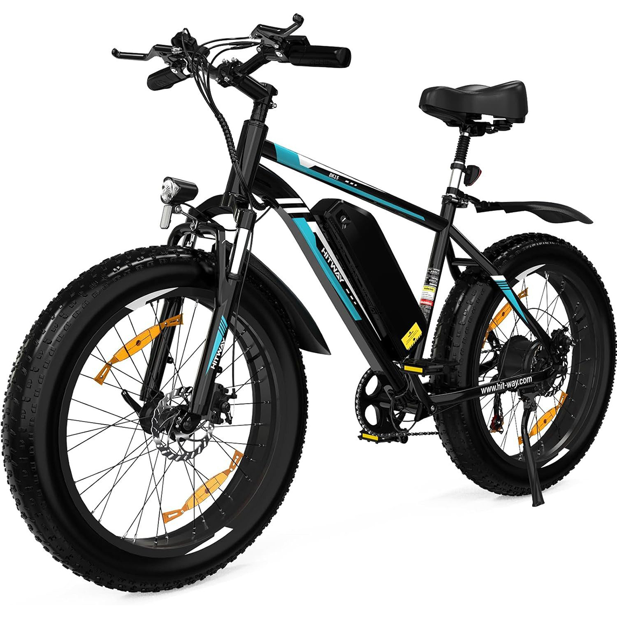 Czarny i niebieski rower elektryczny z grubymi oponami na białym tle.