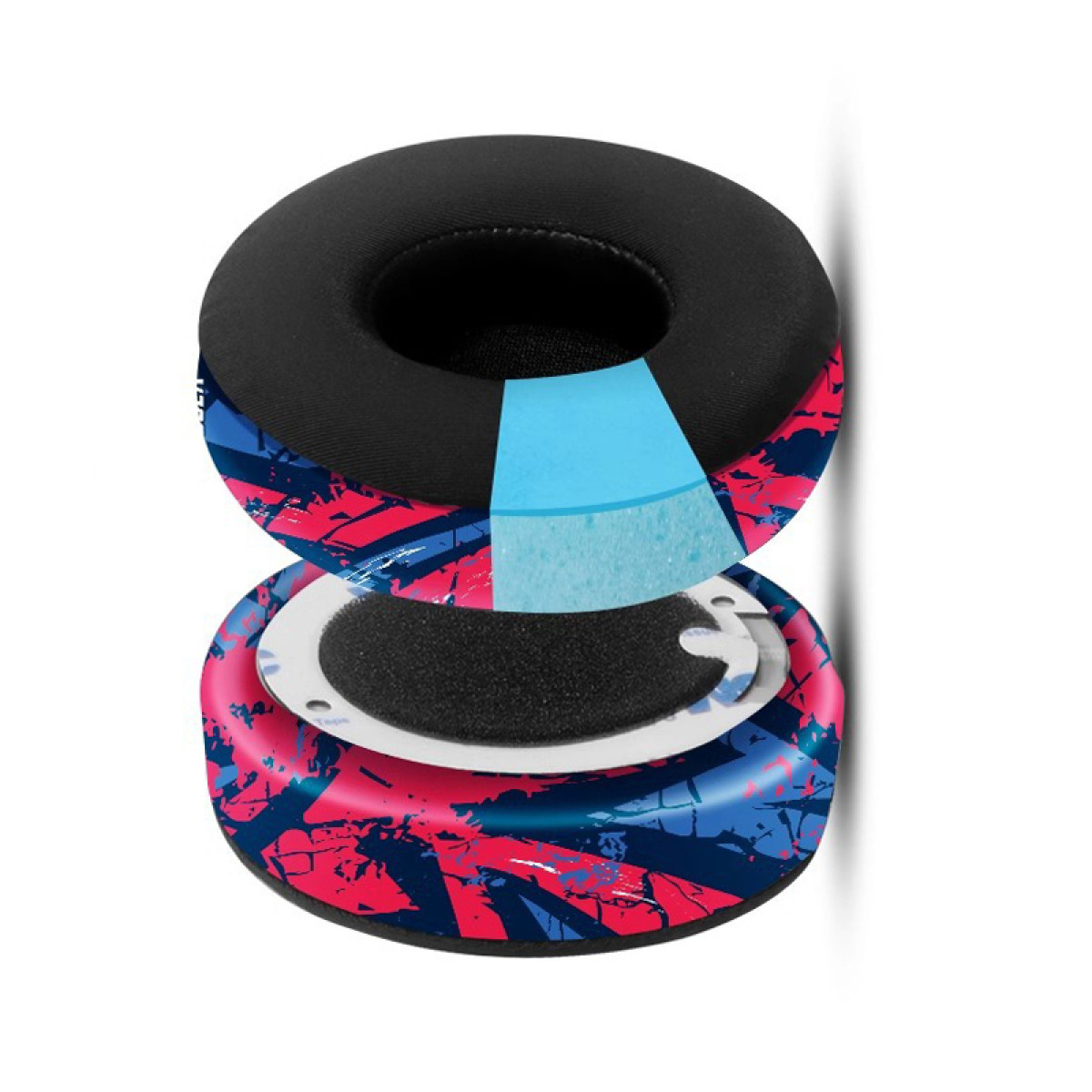 Poduszka nauszna z wycięciem pokazującym warstwy czarnej pianki, niebieskiej i czerwonej tkaniny oraz biały pierścień.