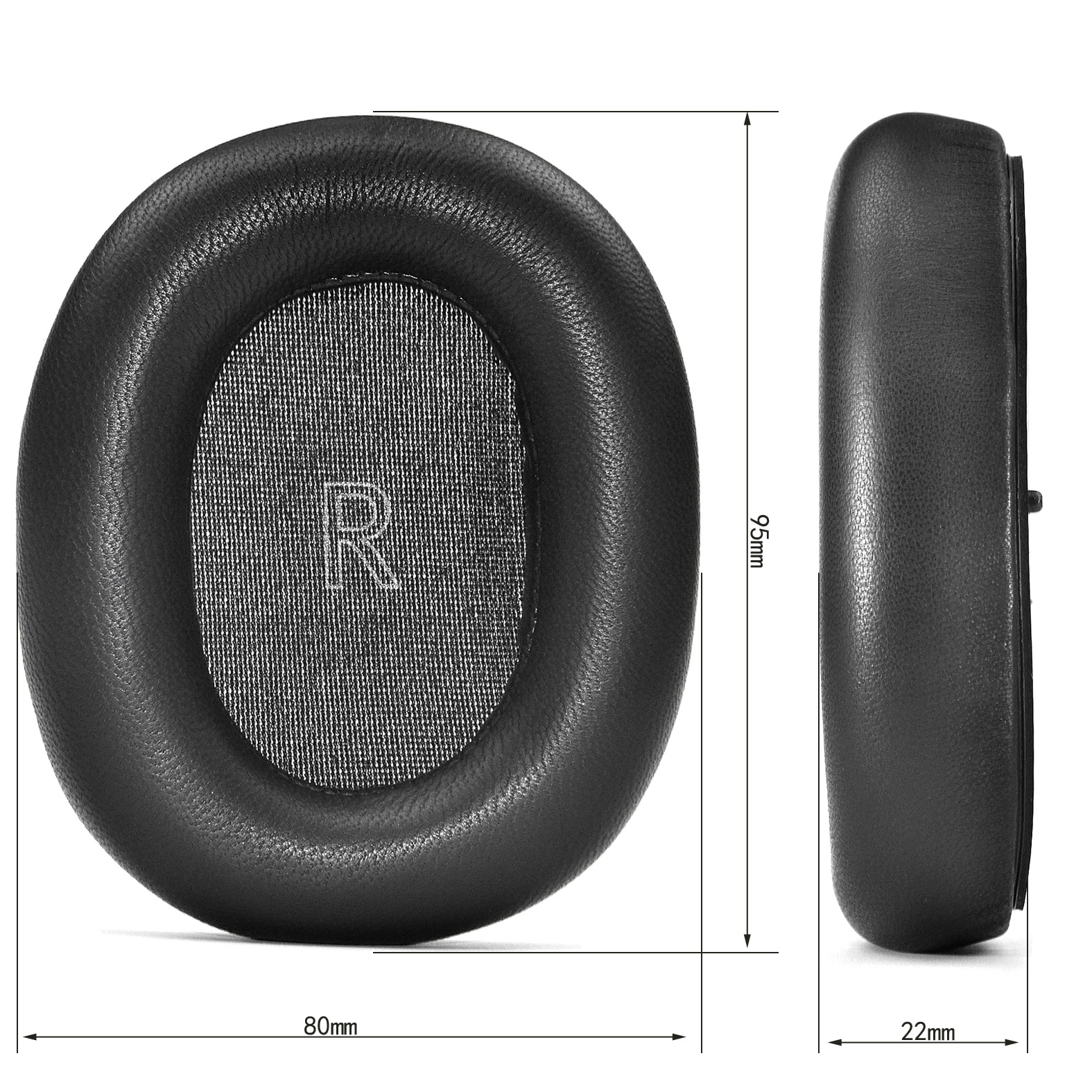 Czarne nauszniki z siatkowym wnętrzem i oznaczonymi wymiarami.