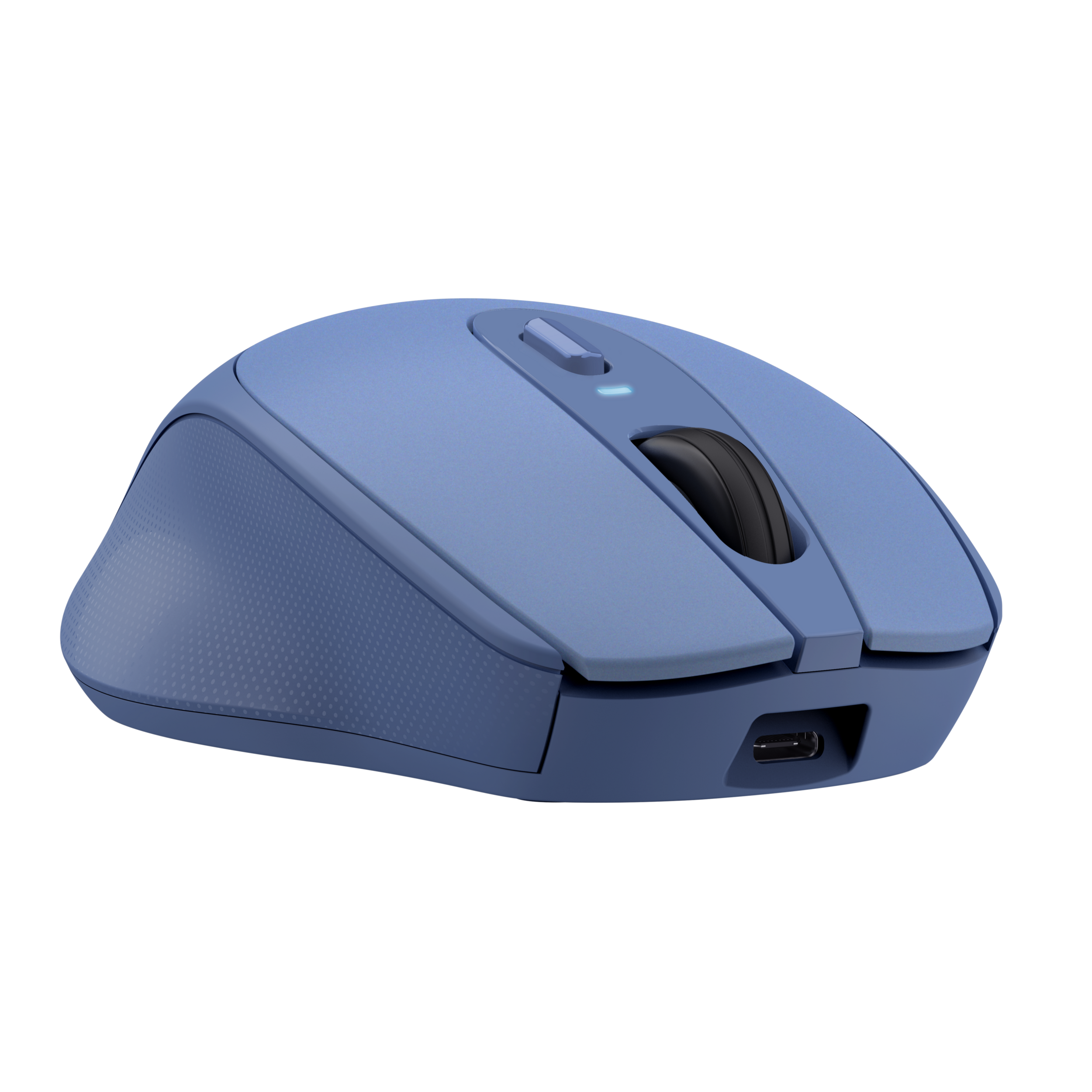 Blue wireless computer mouse. It has a scroll wheel and a charging port. Black surface. 