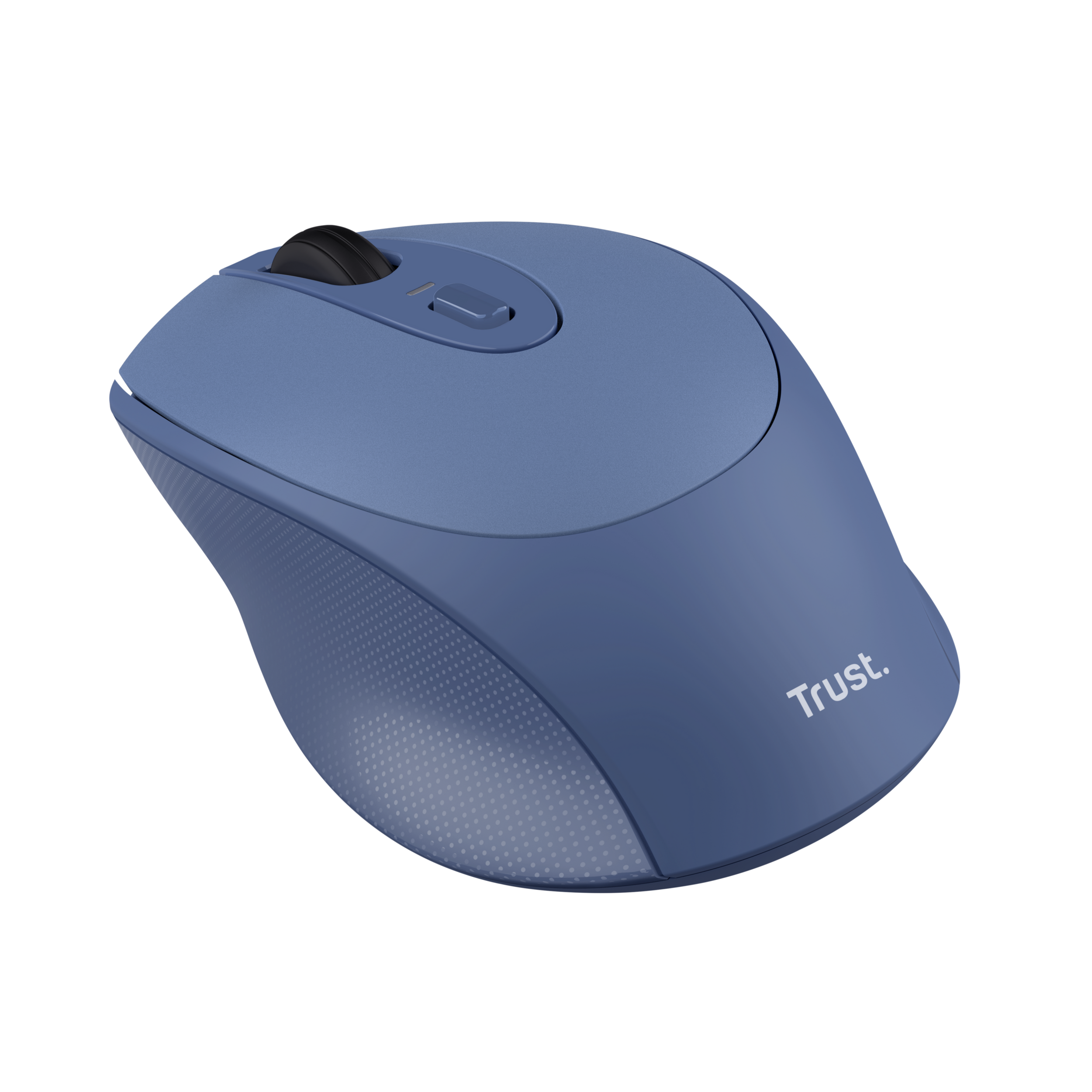Blue computer mouse, top view, with a scroll wheel and buttons.
