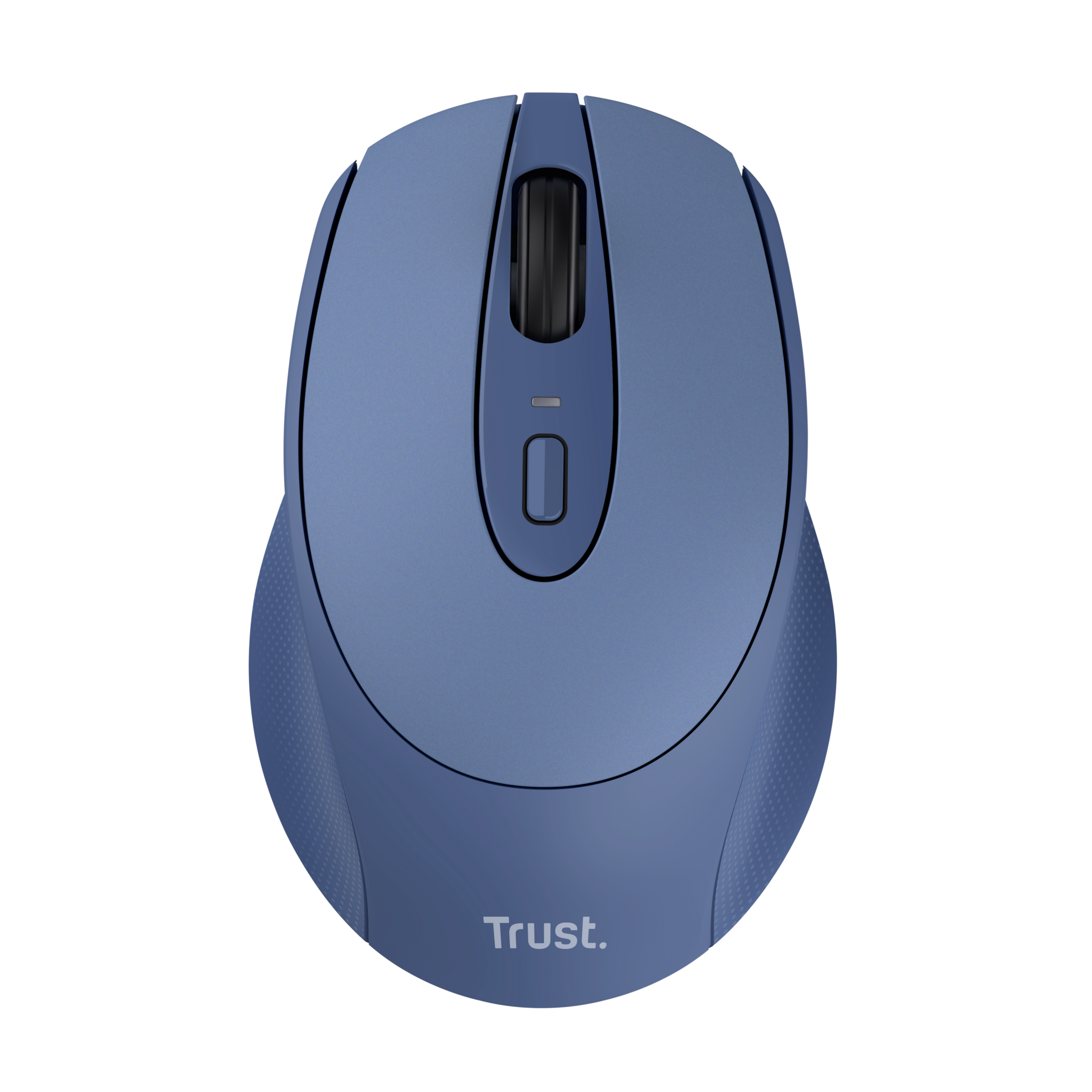 Blue computer mouse. Top view, with scroll wheel and buttons. Black background.