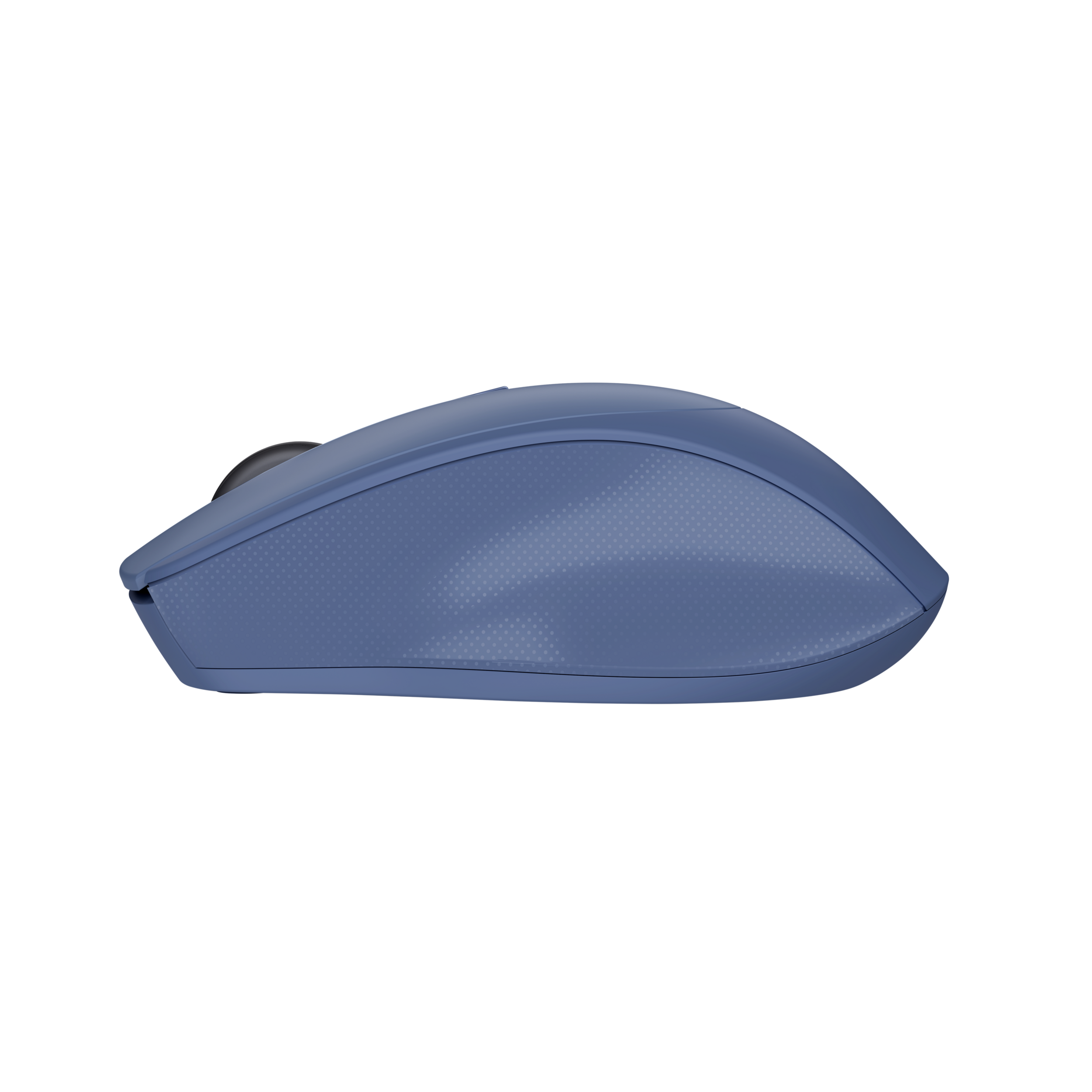 Blue computer mouse on a black background, side view.
