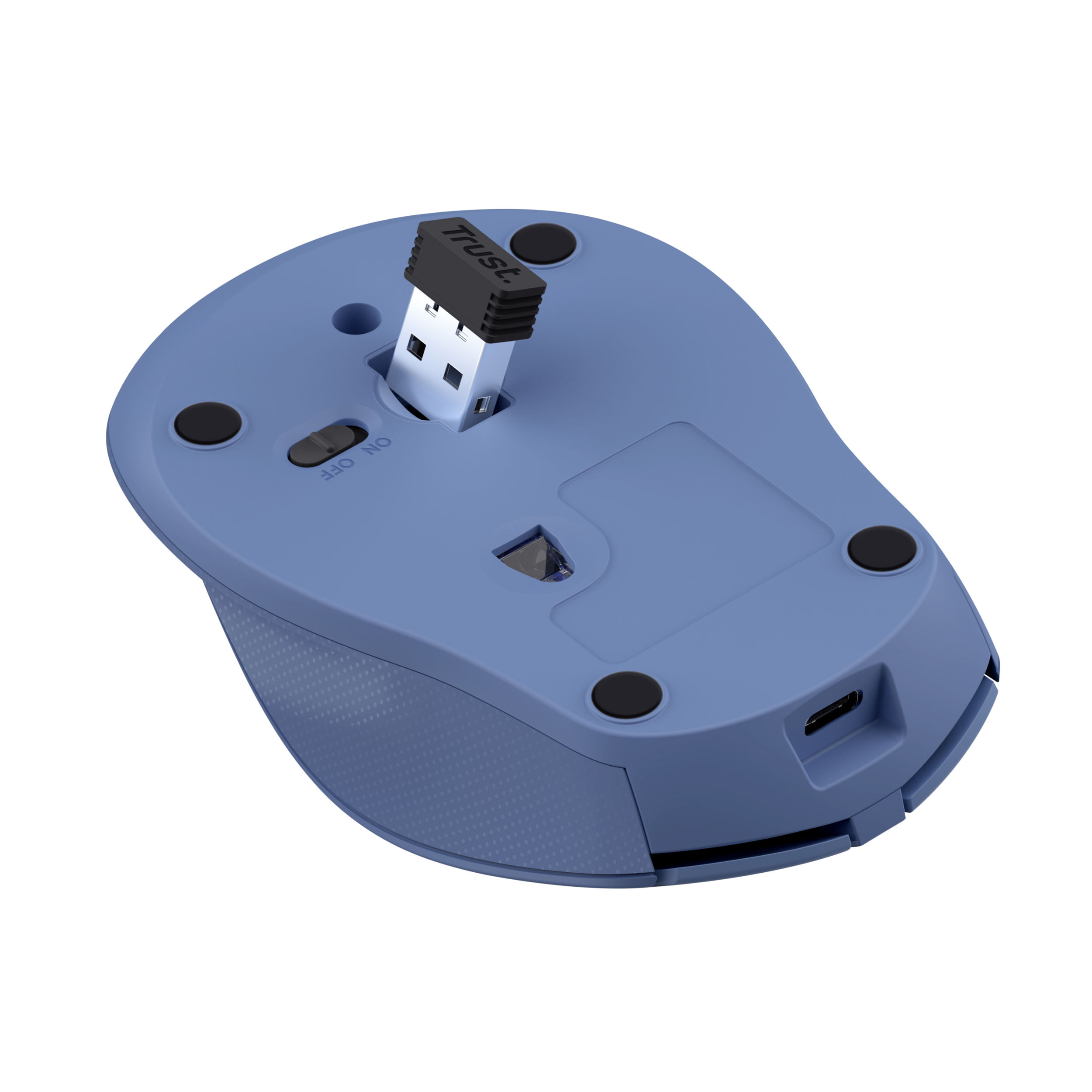Blue wireless mouse with a USB receiver inserted. Bottom view with power switch and charging port.