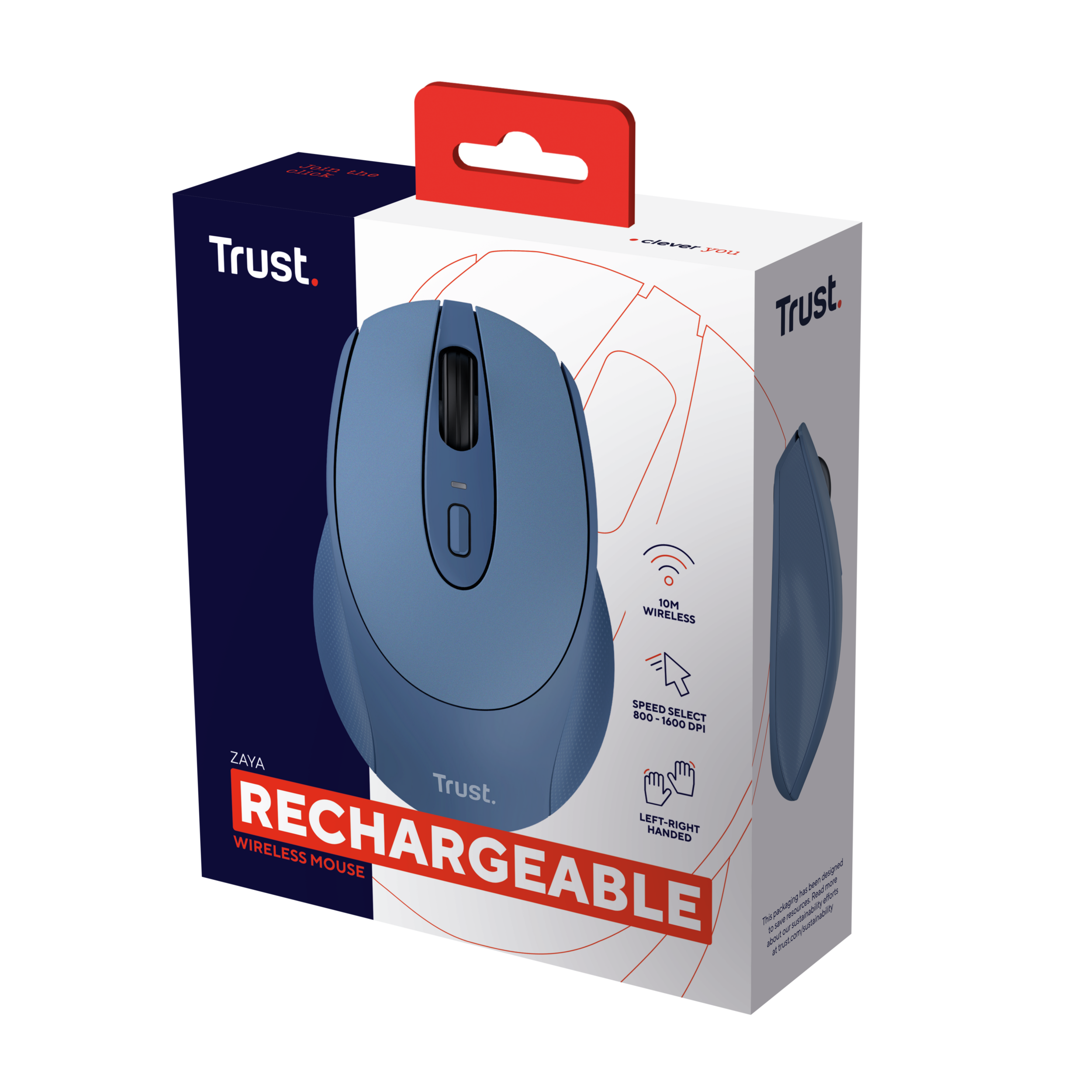 Blue wireless mouse and box. The box has the brand name "Trust". The mouse is gray and blue.