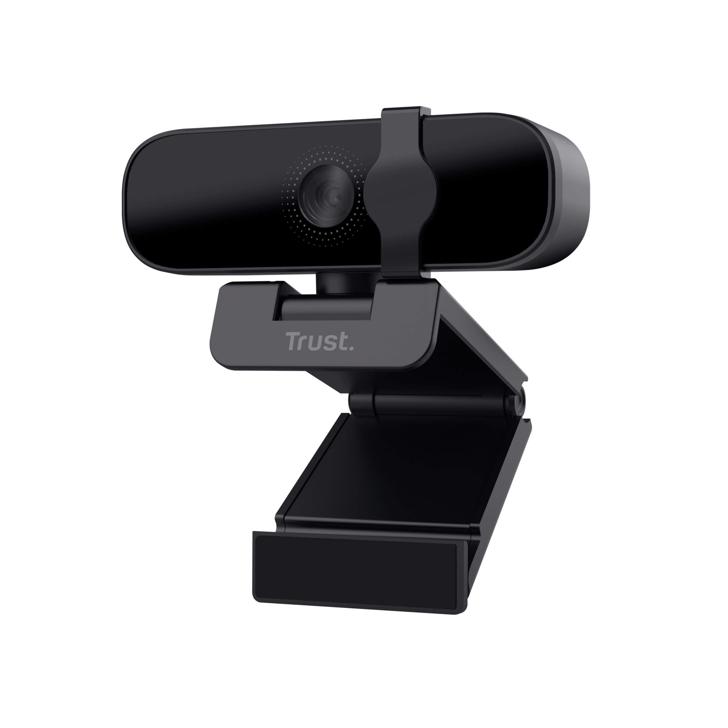 Schwarze Webcam mit verstellbarem Ständer. Mit Linse und Trust-Logo. Vor schwarzem Hintergrund.