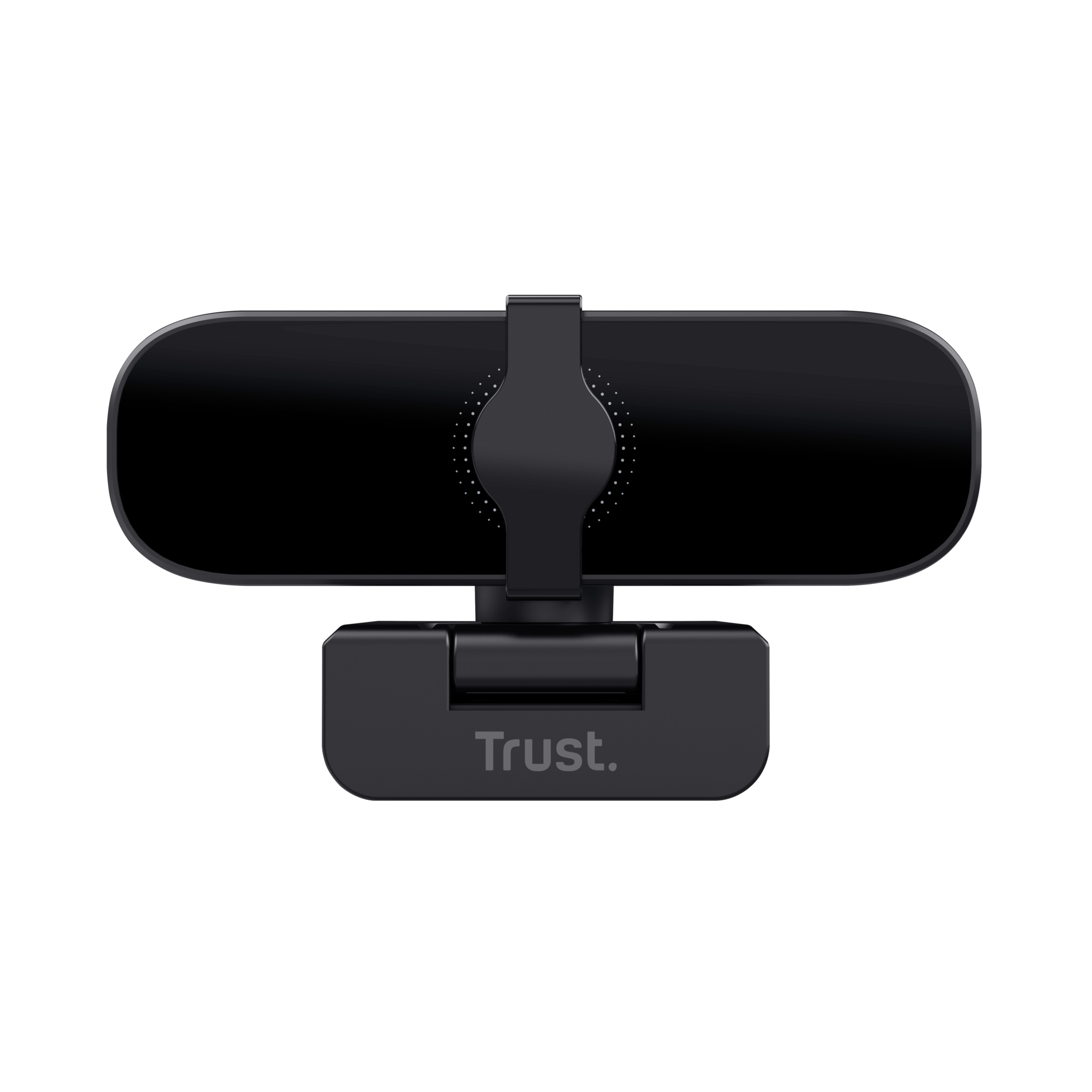 Schwarze Webcam, ovale Form, mit Ständer und dem Wort "Trust" auf der Basis.