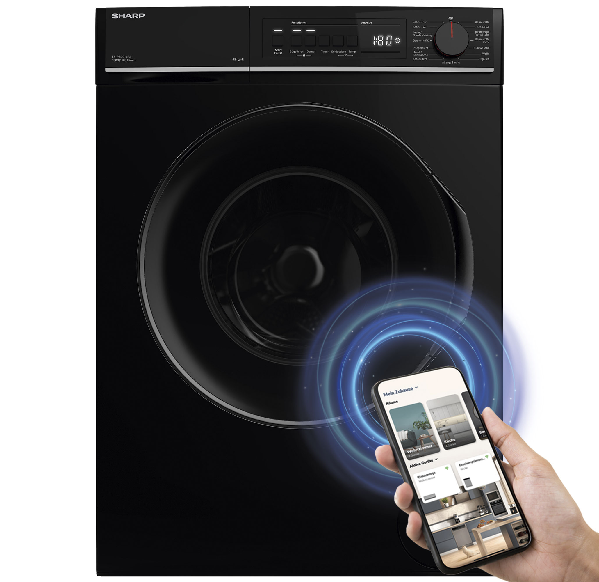Schwarze Waschmaschine mit Smartphone, das eine Smart-Home-App zeigt.