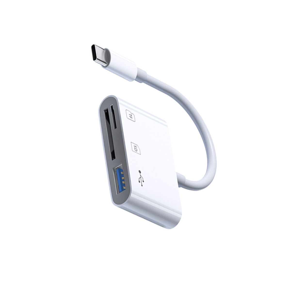 Weißer USB-C-Adapter mit mehreren Anschlüssen und SD- und TF-Kartensteckplätzen.
