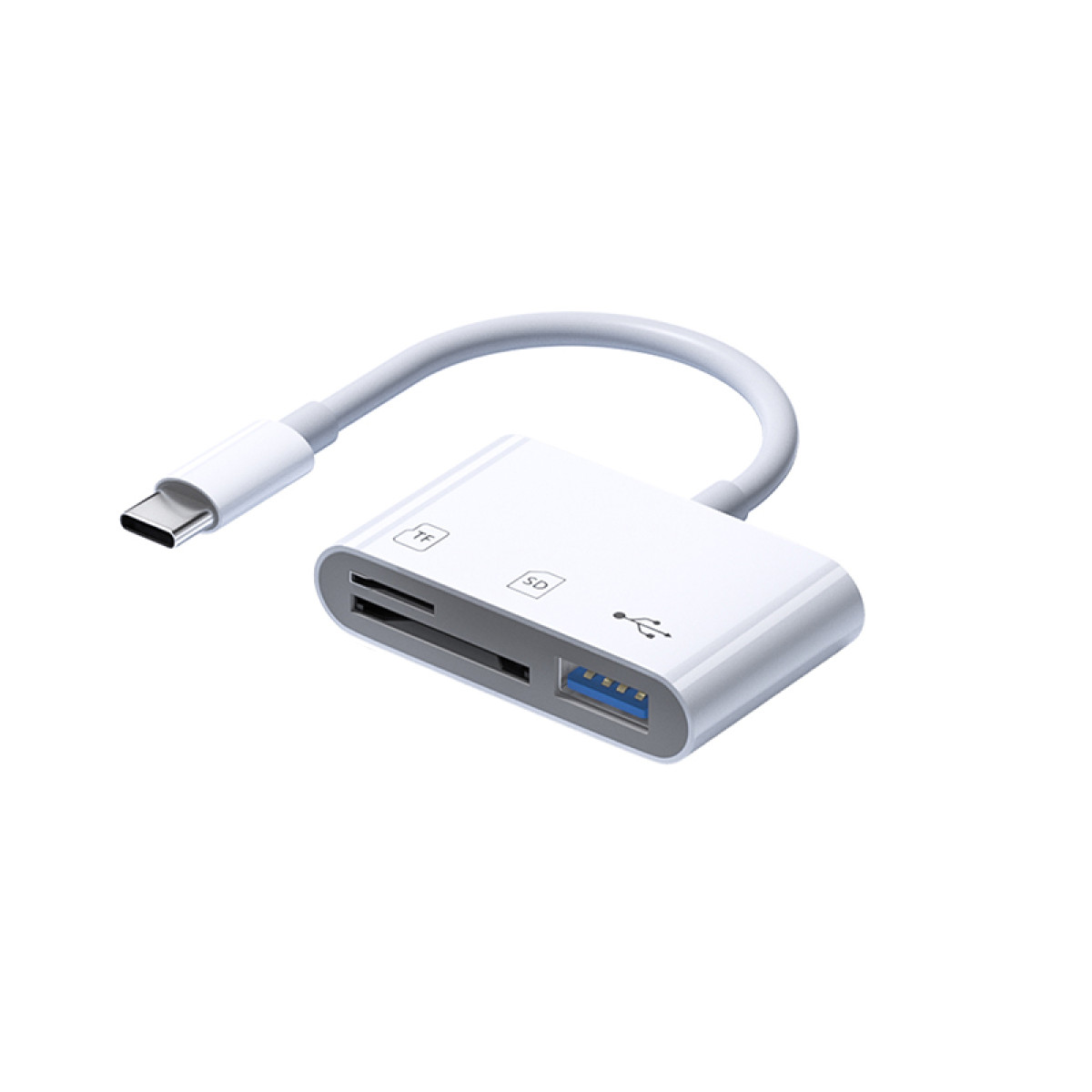 Ein weißer USB-C-Kartenleser mit SD- und TF-Kartensteckplätzen und einem USB-Anschluss auf weißem Hintergrund.