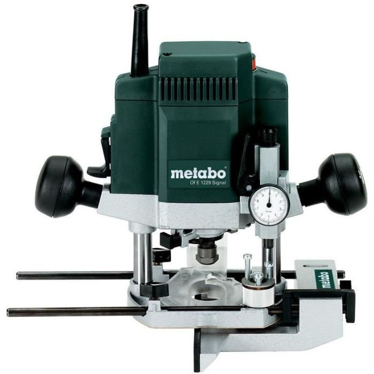 Eine grüne und schwarze Metabo-Fräse mit Zifferblatt und detailliertem Metallsockel.