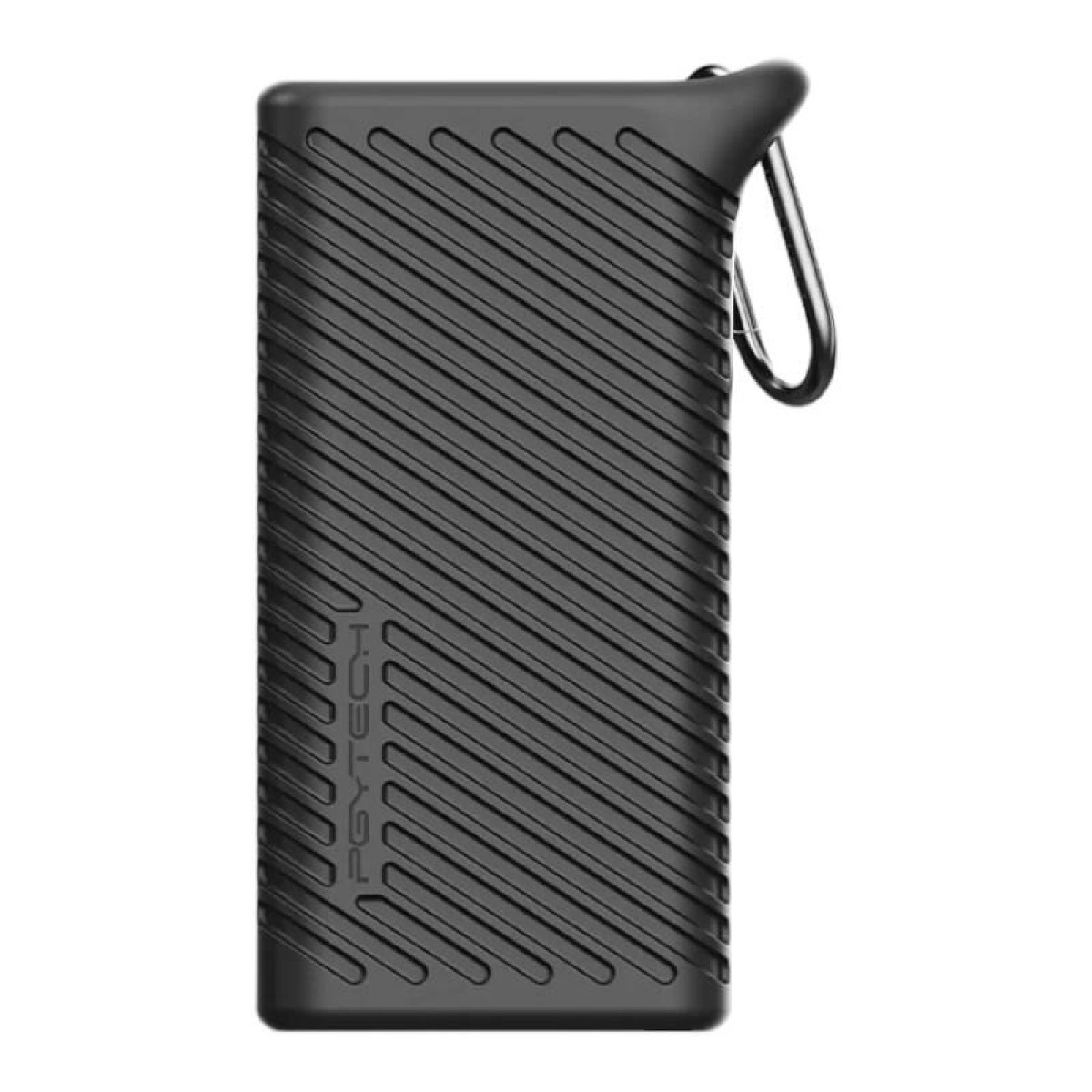 Czarny, teksturowany futerał ze srebrnym karabińczykiem w prawym górnym rogu.