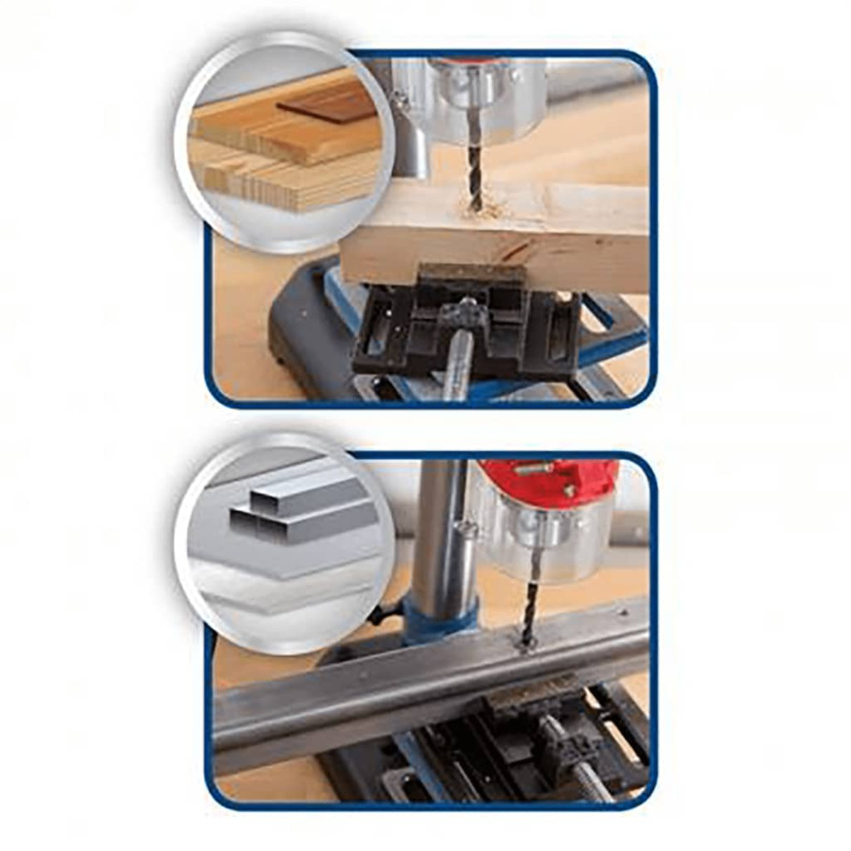 Dwa obrazy przedstawiające wiertarkę stołową w użyciu, wiercącą w drewnie i metalu.