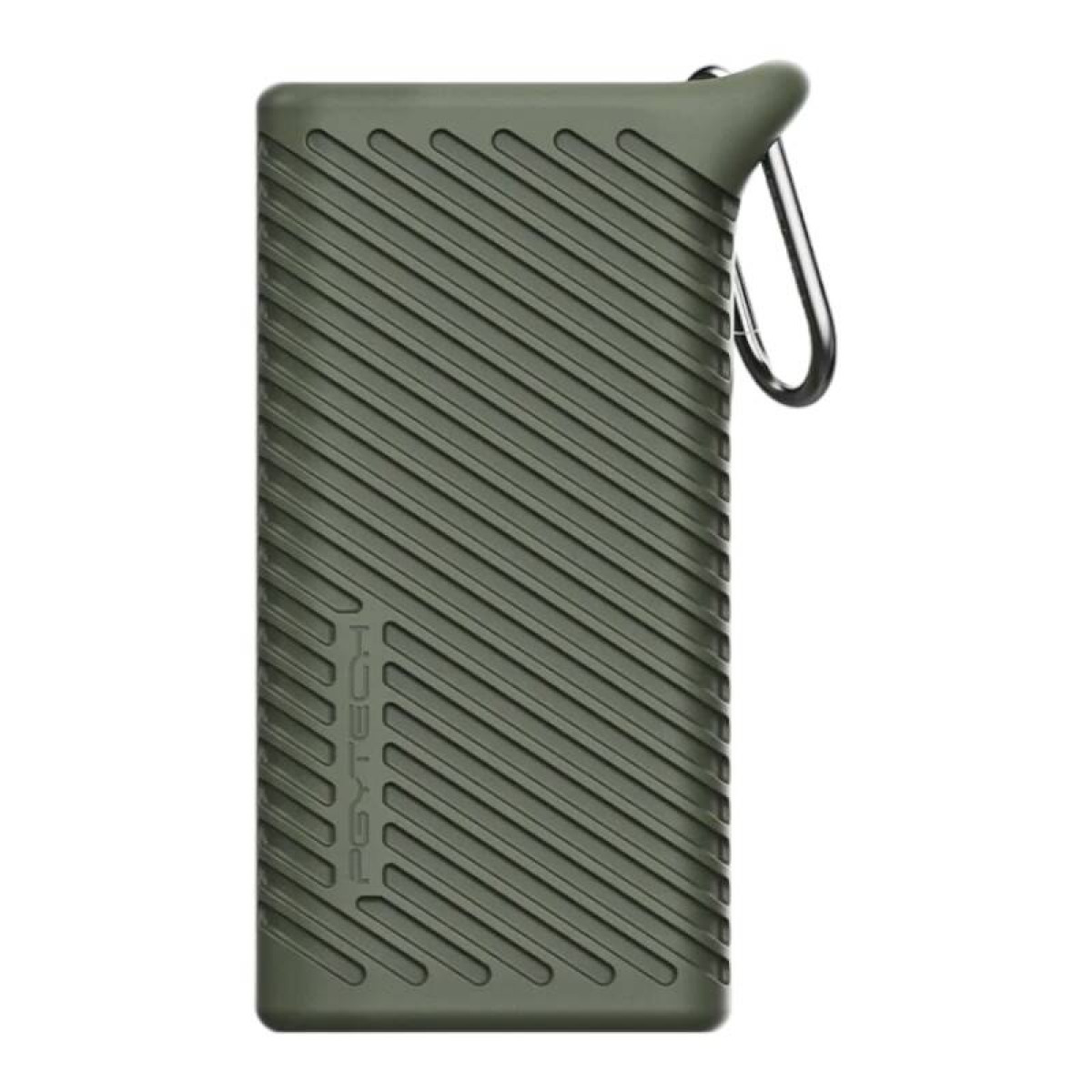 Zielony power bank z karabińczykiem. Ma przekątne linie.
