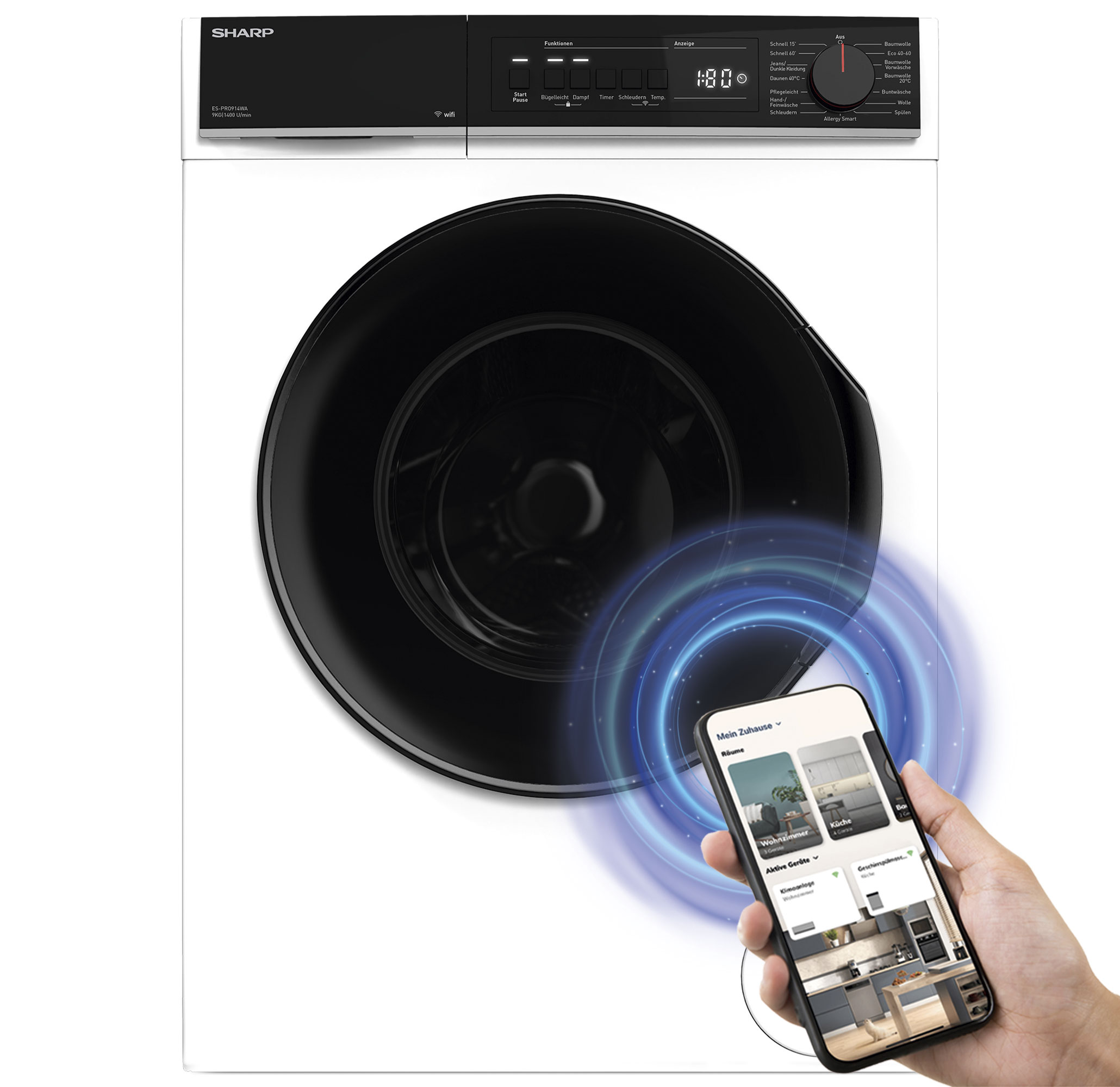 Waschmaschine mit Smartphone, das eine Smart-Home-Oberfläche anzeigt. Weißes Gerät, schwarze Trommel.