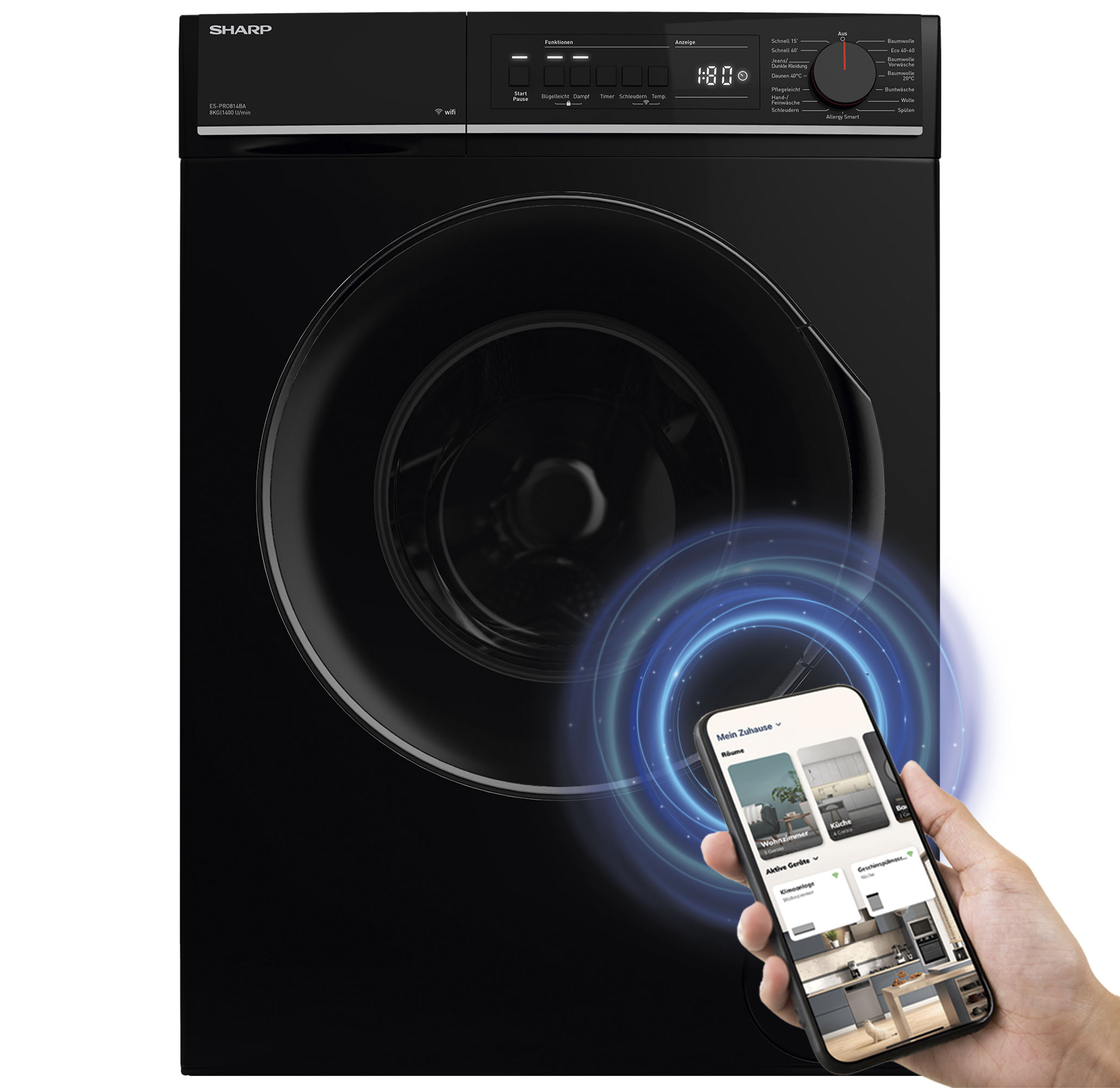 Schwarze Waschmaschine mit Smartphone, das eine Küchenoberfläche anzeigt.