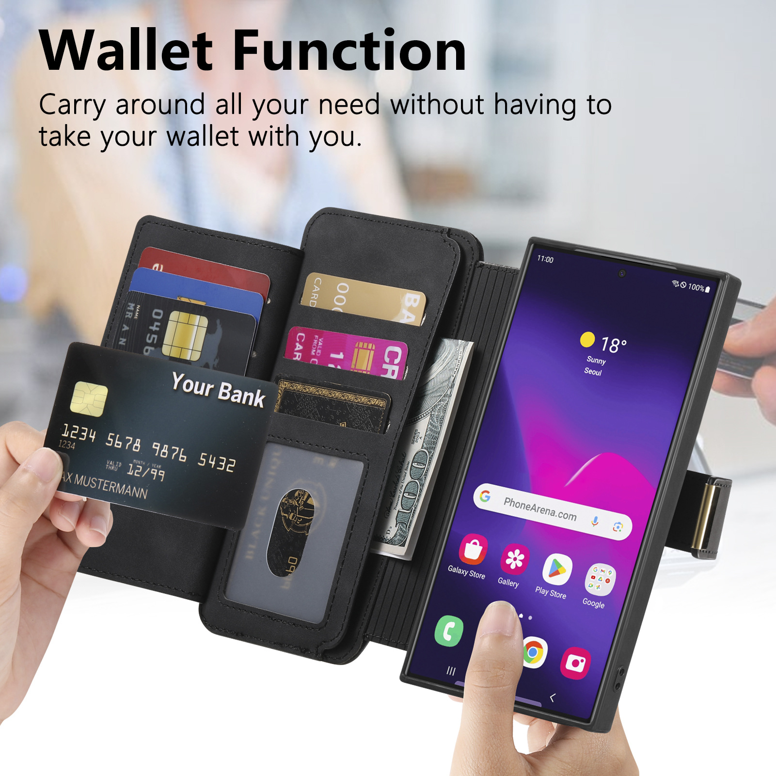 Smartphone con custodia a portafoglio aperta, carte visibili, su sfondo bianco.