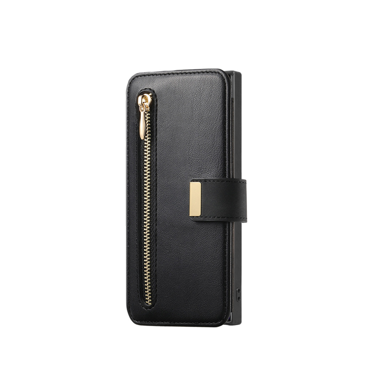 Una custodia per telefono in pelle nera con cerniera dorata e chiusura in metallo dorato.