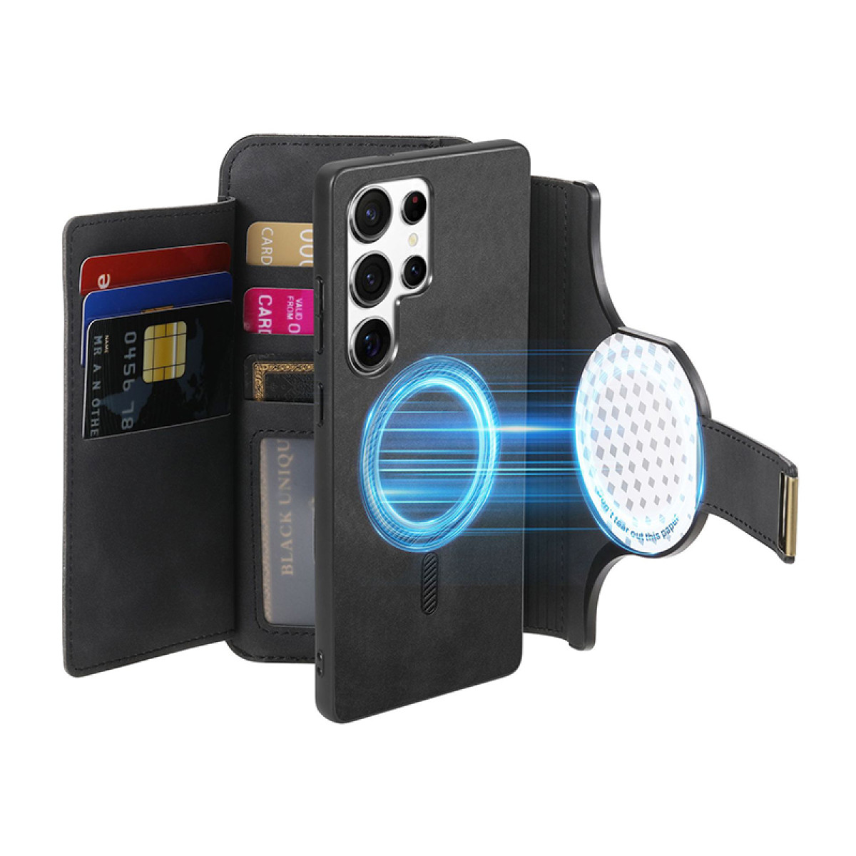Custodia per telefono nera con funzione portafoglio. Contiene carte, un telefono e un anello magnetico.