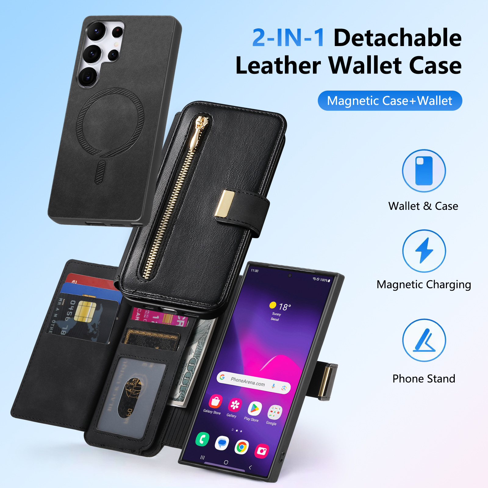 Custodia per telefono nera con portafoglio. Include telefono, slot per carte e ricarica magnetica.