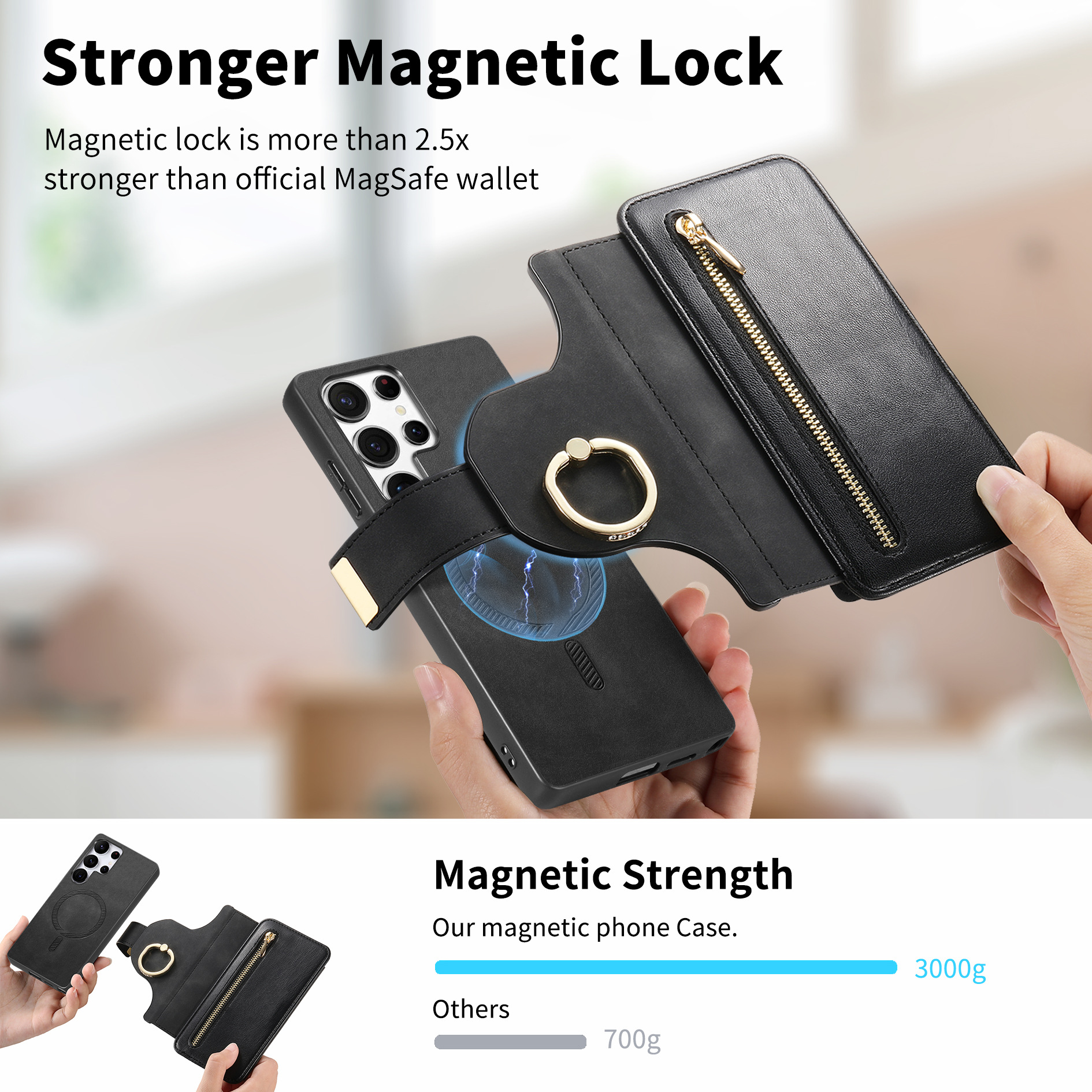 Una mano che tiene una custodia per telefono con un portafoglio. Viene mostrata un'altra custodia per telefono. Testo sulla forza magnetica della custodia.
